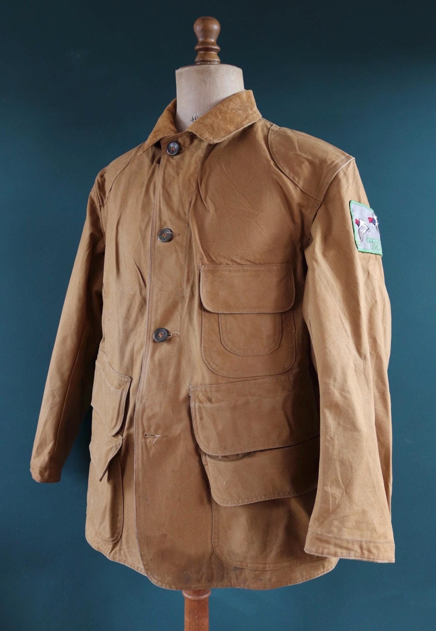 Vintage 1930s 30s 1940s 40s Red Head tin cloth duck cotton canvas hunting shooting jacket 47” chest Red Head American workwear work chore