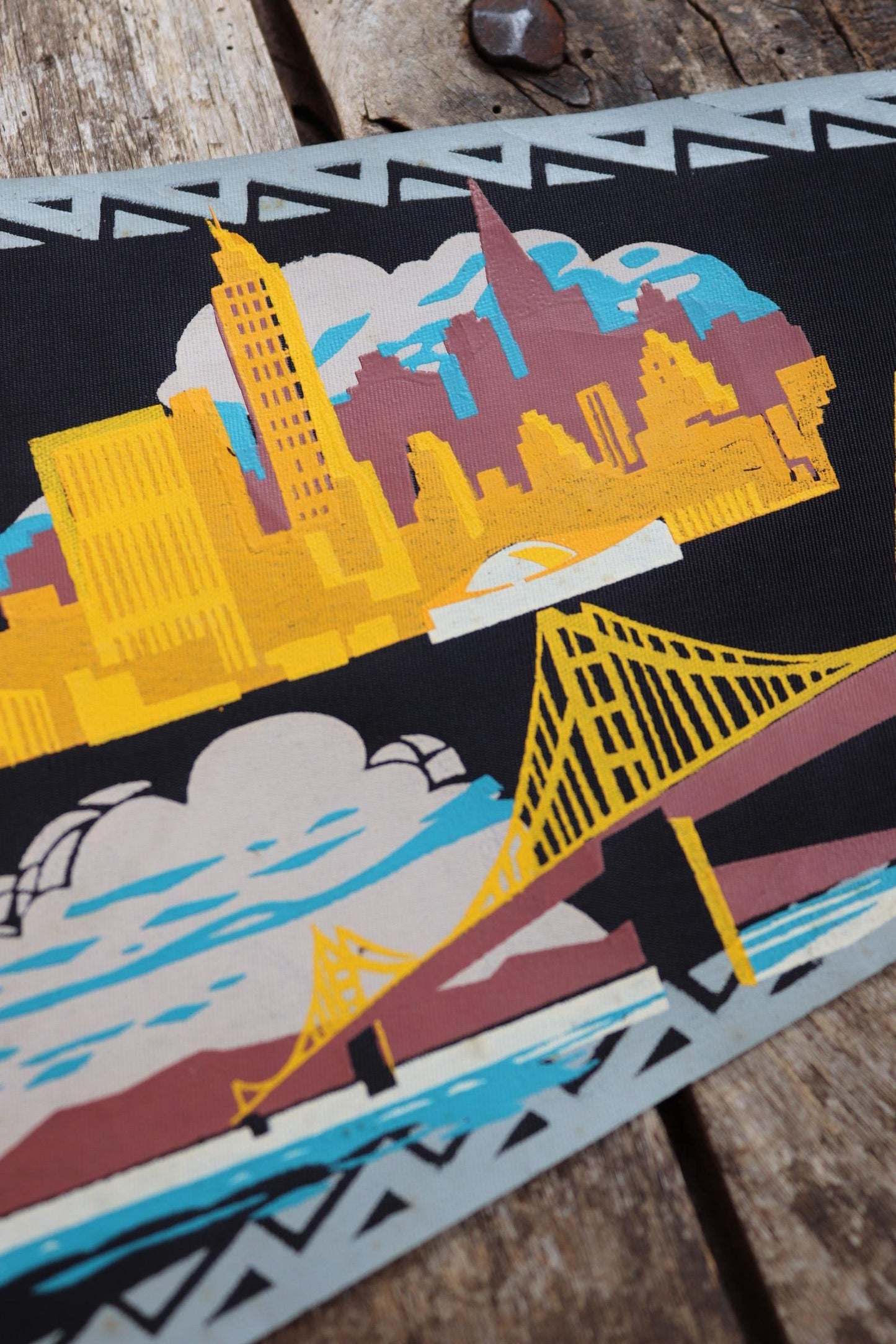 Vintage 1950s home decor Brazilian Santos satin mid century tourist souvenir pennant screen printed print