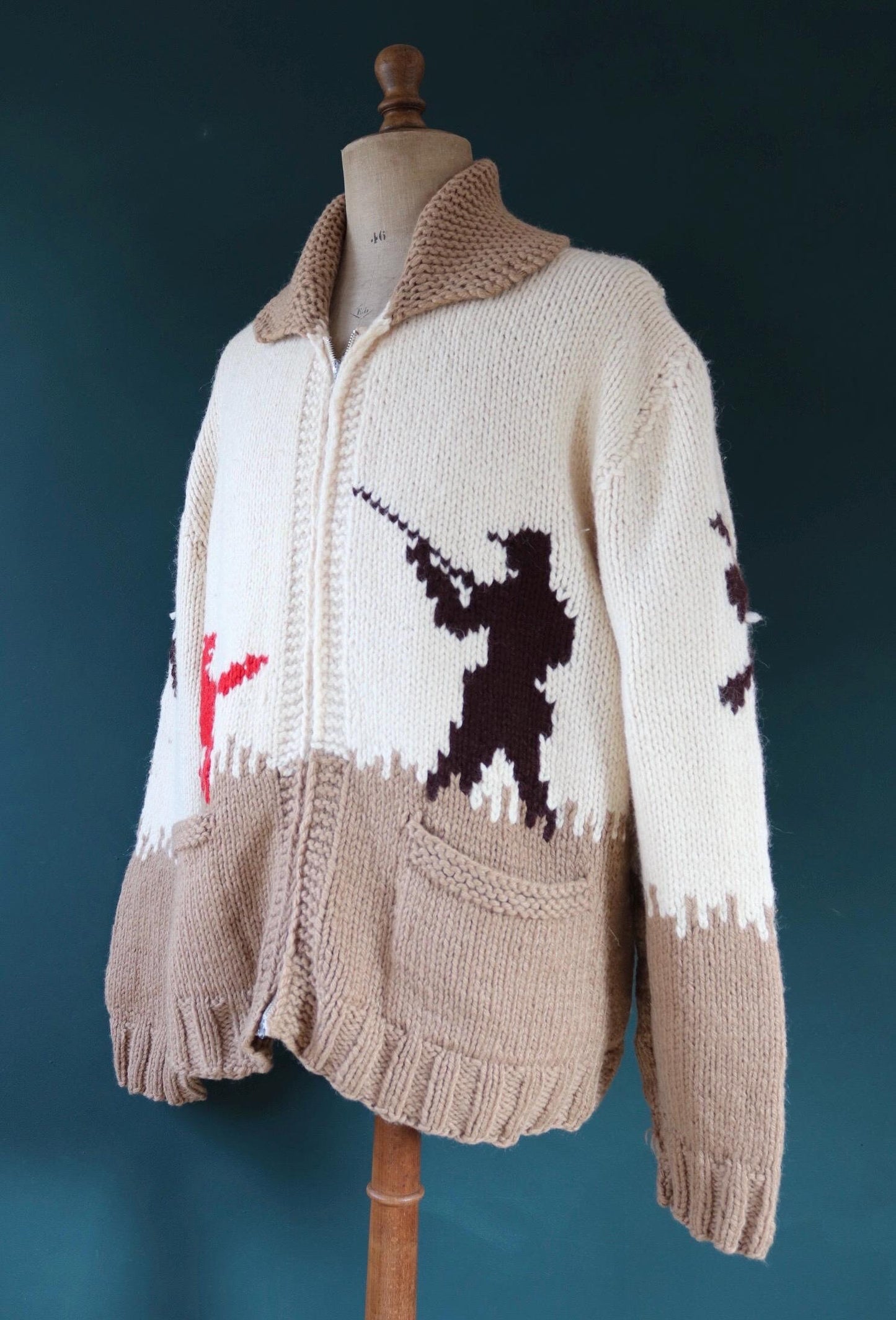 Vintage 1960s 60s hand knitted cream brown red thick wool cowichan sweater cardigan jumper knit zipper shawl collar 54” chest pheasant hunt