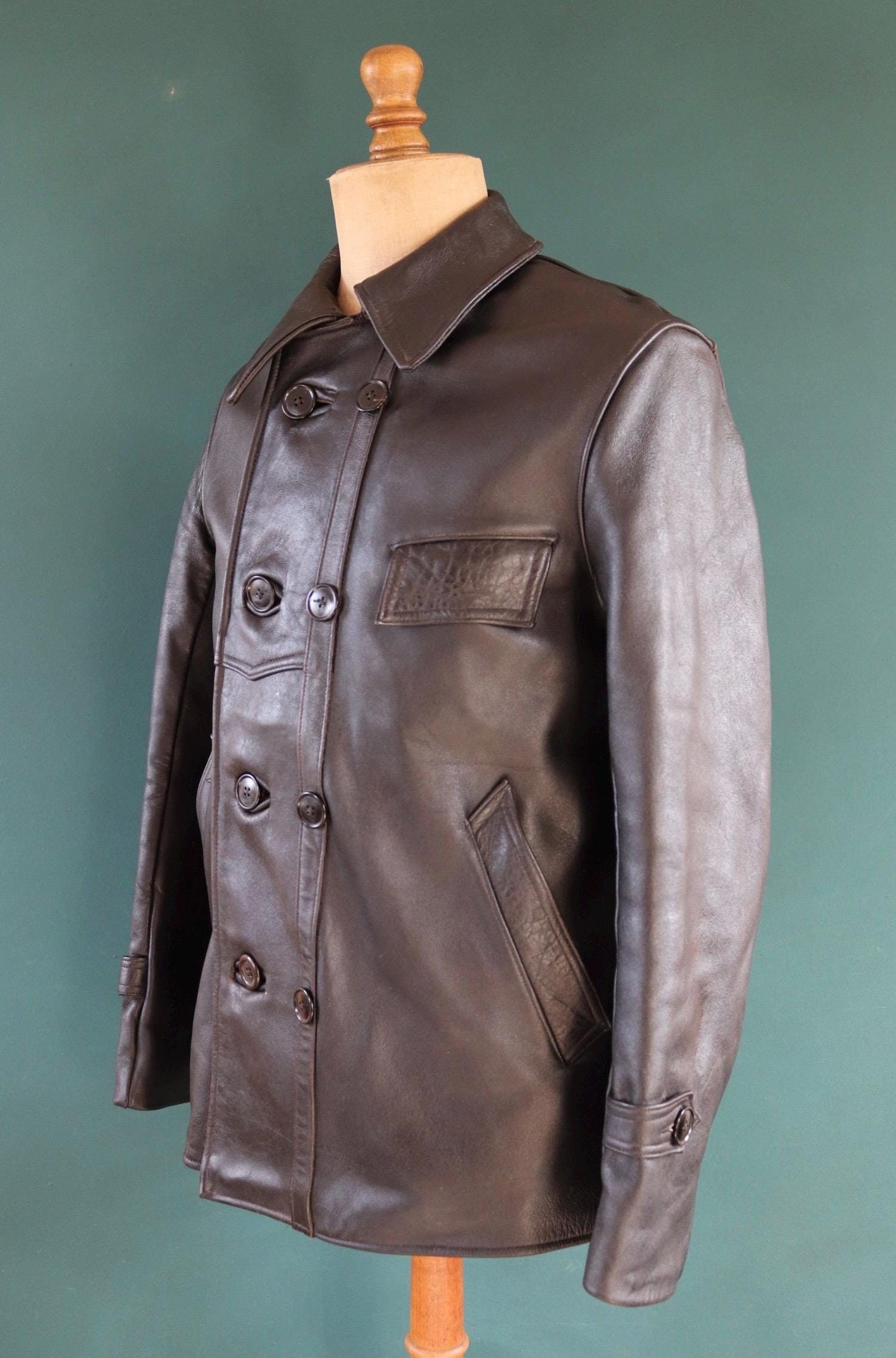 Vintage 1950s 50s 1960s 60s leather jacket French black Le Corbusier double breasted 41” chest