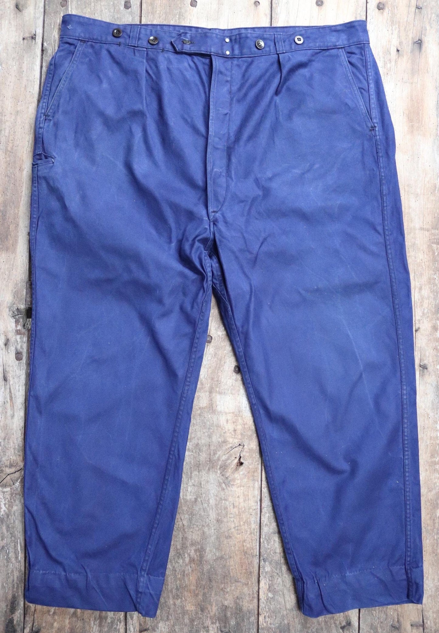 Vintage French workwear trousers pants 1960s 1970s indigo cotton twill work chore 46” x 27”
