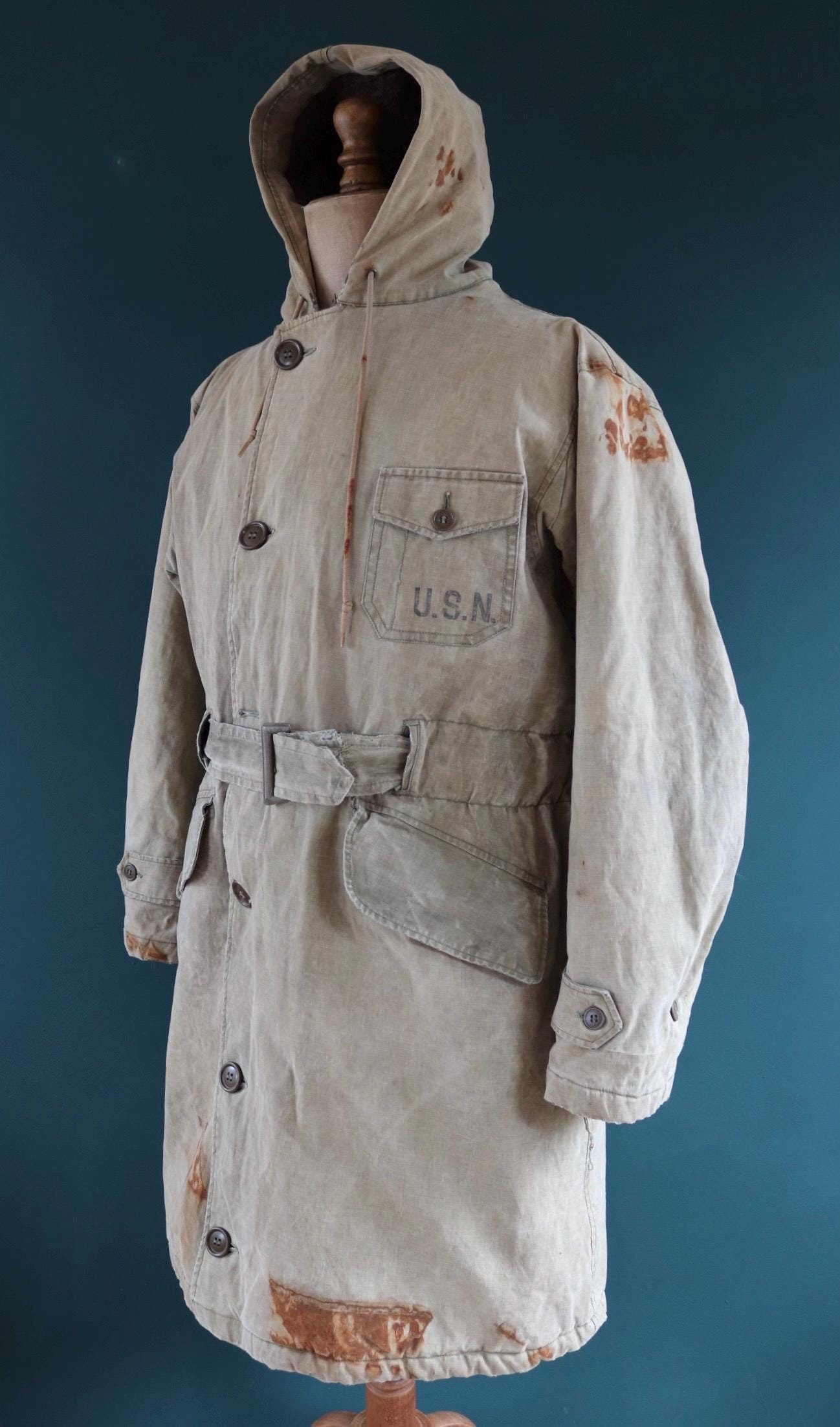 Vintage 1940s 40s WW2 USN US navy naval khaki green military overcoat parka coat jacket foul wet weather 44” chest PT boat torpedo deck