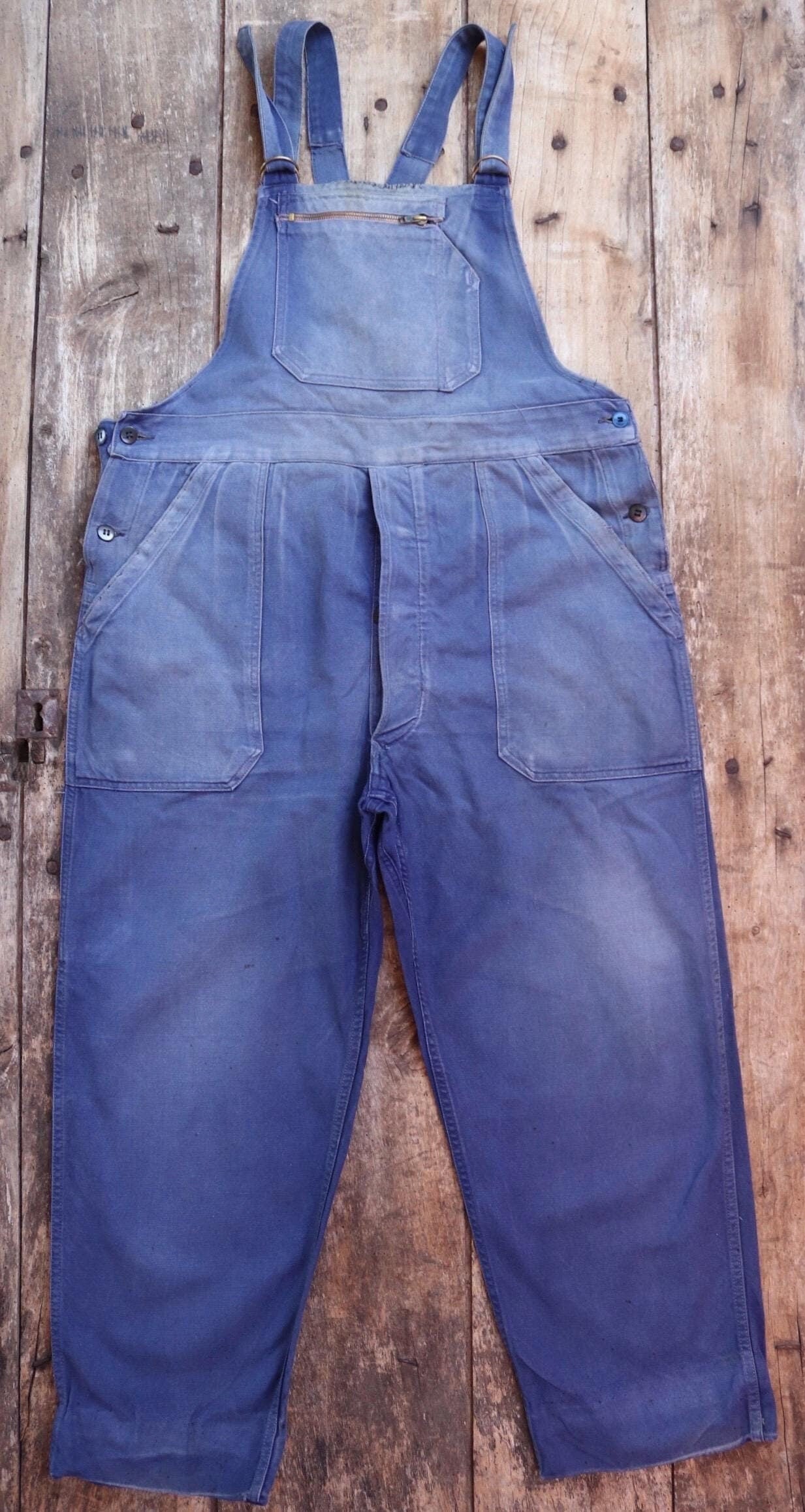 Vintage French blue workwear overalls dungarees 1950s sun faded cotton twill work chore 40” x 26” darned repaired
