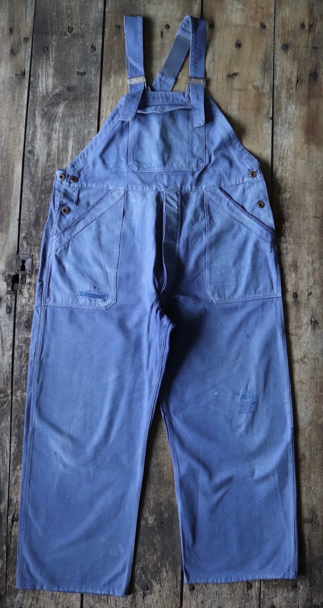 Vintage French blue workwear dungarees 1950s cotton twill overalls work chore 39” x 27” darned repaired