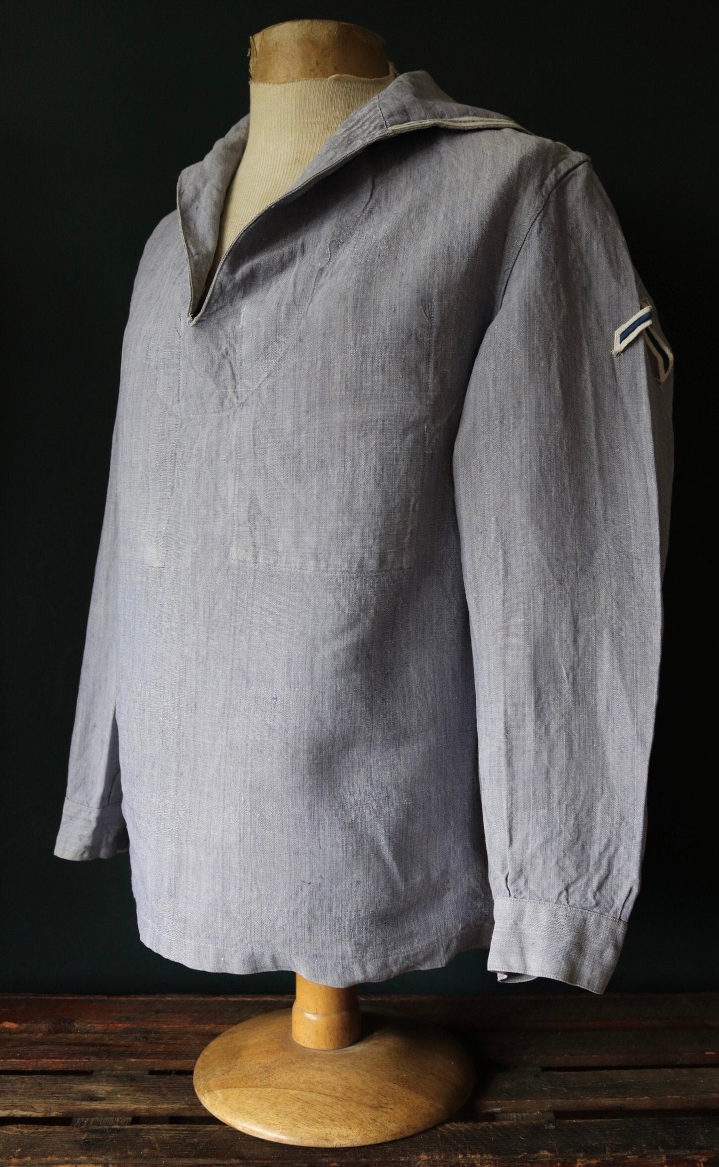 Vintage French linen shirt 1960s Marine Nationale Navy naval crackerjack bib top jumper indigo 42” chest military workwear work sailor