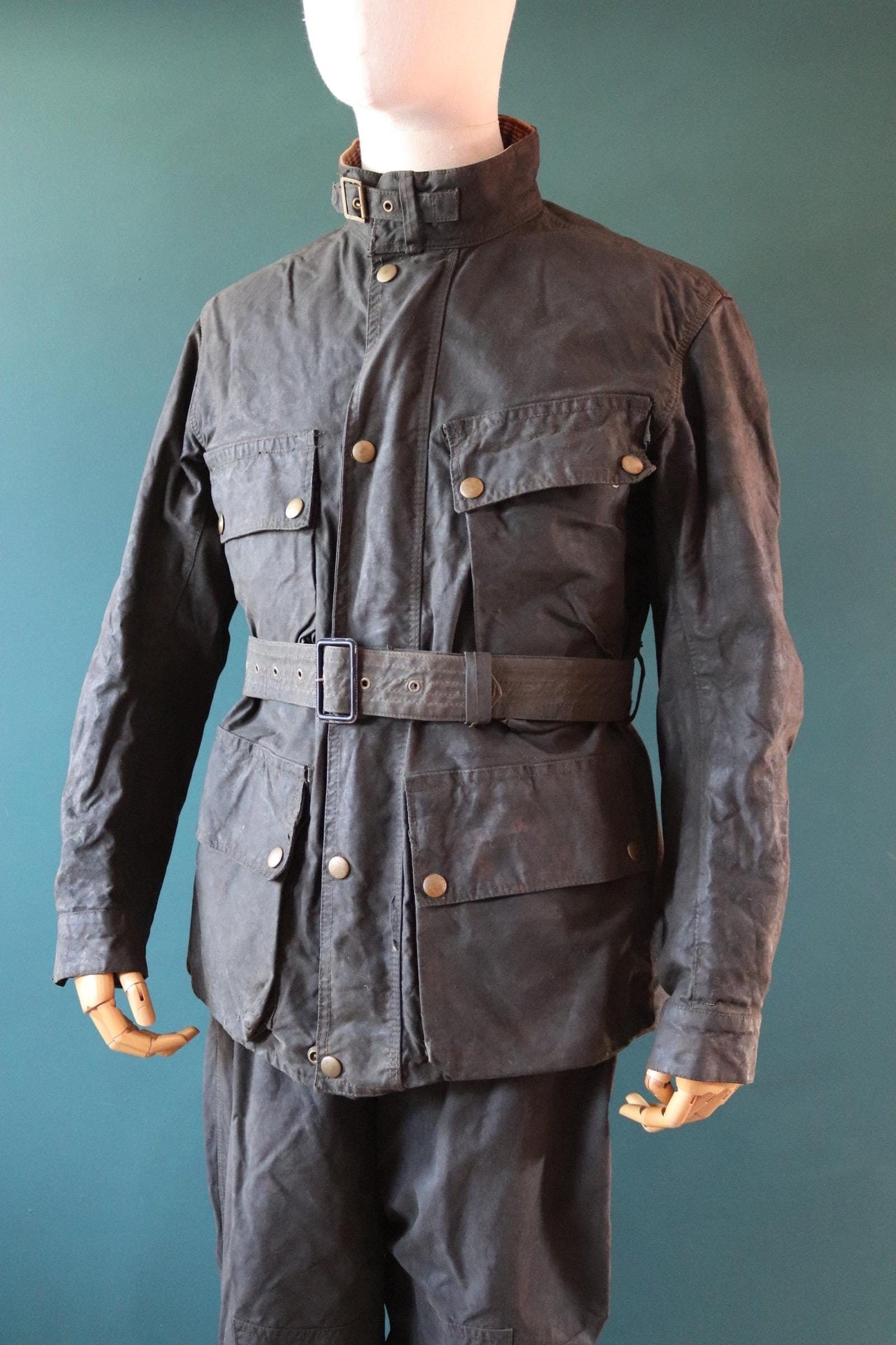 Vintage 1950s 50s Belstaff Trialmaster chequered flag waxed cotton motorcycle jacket trousers full suit 45" chest trial bike racing