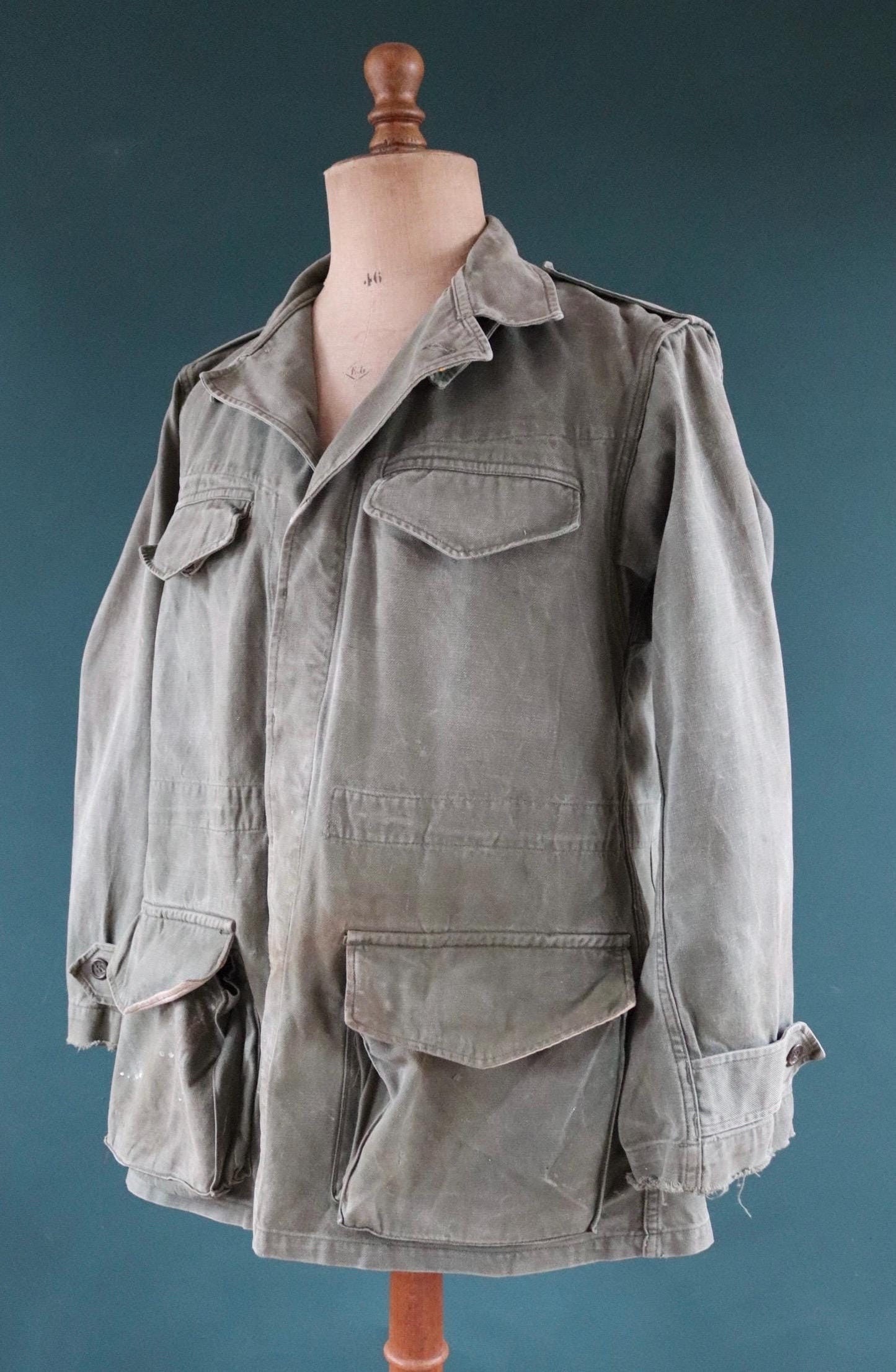 Vintage French army jacket 1950s M47 M 47 field utility military 46” chest khaki green