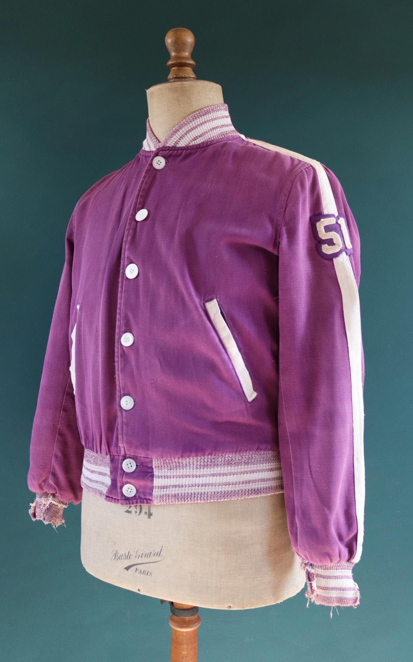 Vintage 1950s 50s purple white gabardine varsity jacket chenille patch 42" chest USA college American Ivy League style pharaoh collar