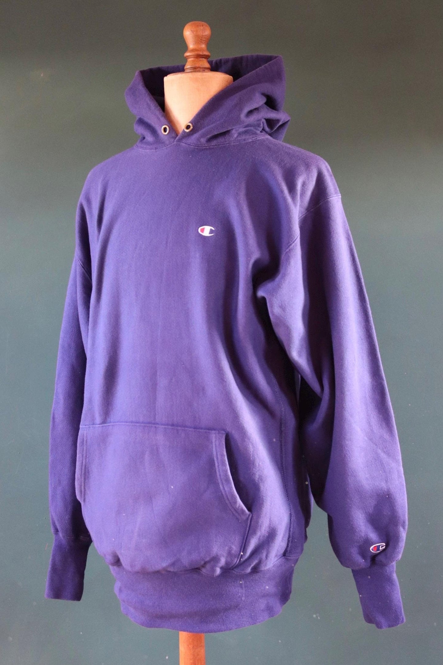 Vintage 1990s 90s Champion navy blue plain hooded sweatshirt 51" chest sports sportswear reverse weave hoodie