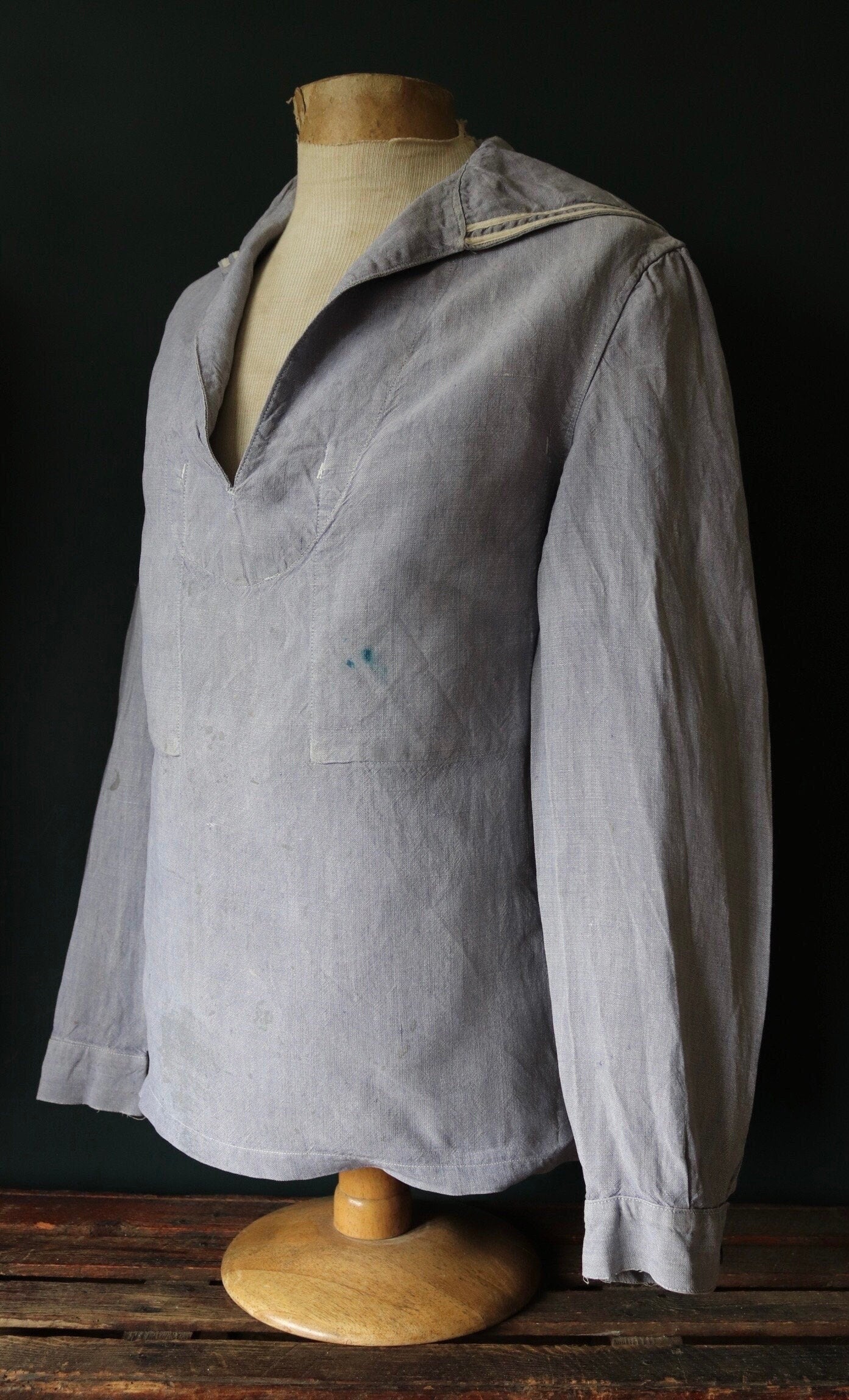 Vintage French linen shirt 1960s Marine Nationale Navy naval crackerjack bib top jumper indigo 42” chest military workwear work sailor