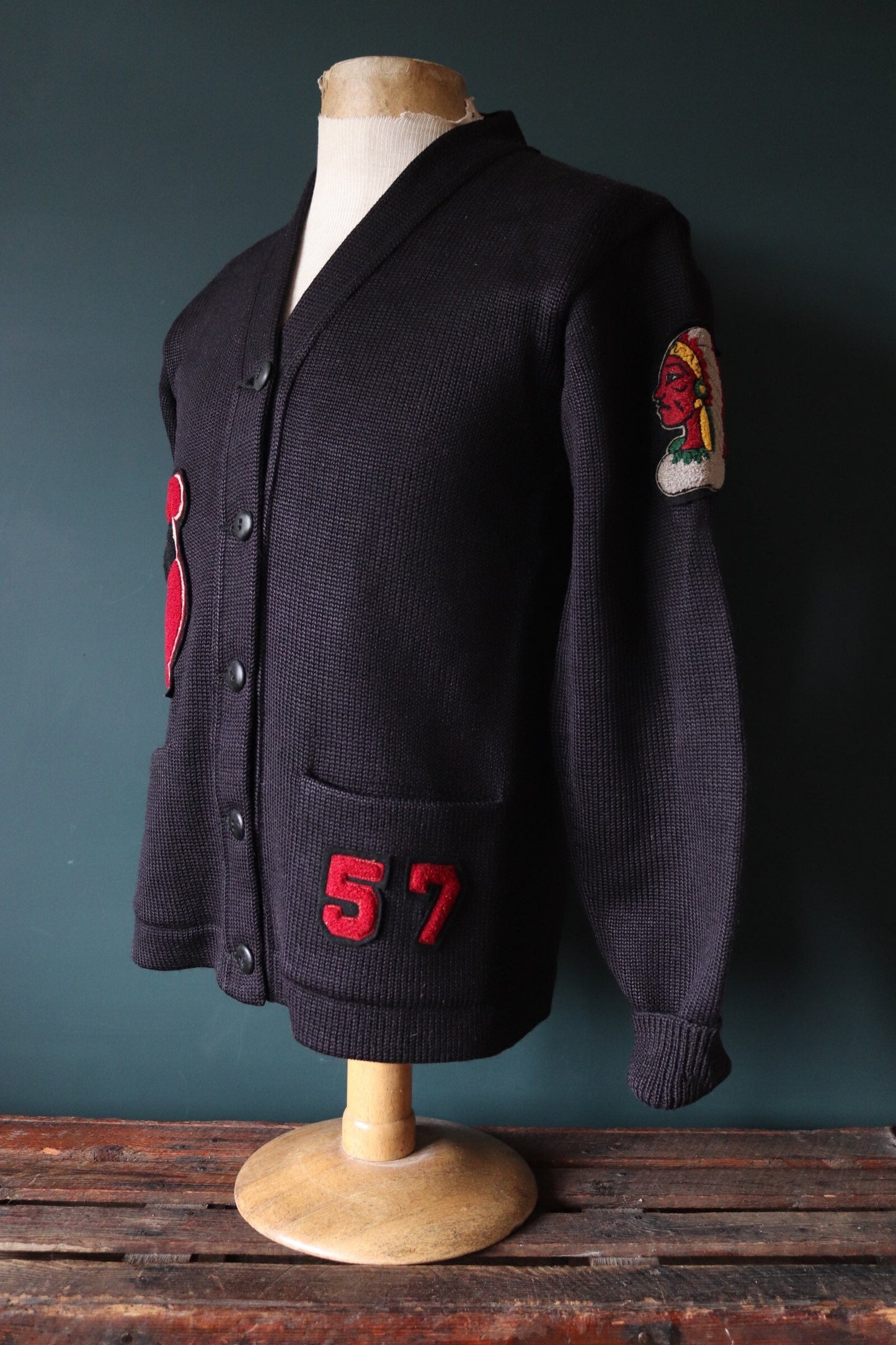 Vintage varsity sweater 1950s 50s American USA black wool knitted Ivy League style rockabilly mod patch jumper cardigan knitwear 38” chest