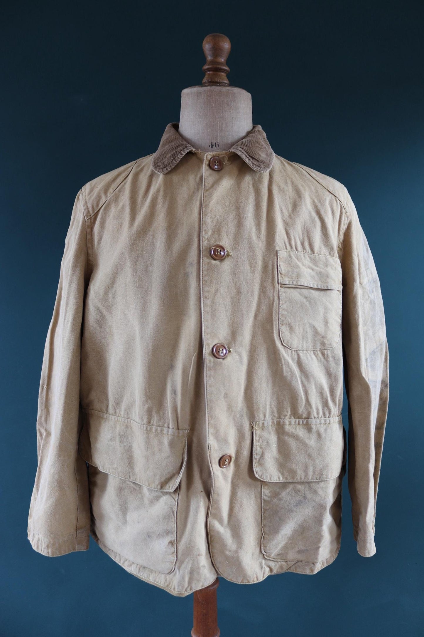 Vintage 1950s 1960s hunting jacket American Field Hettrick tan brown duck cotton canvas shooting American 49” chest workwear chore