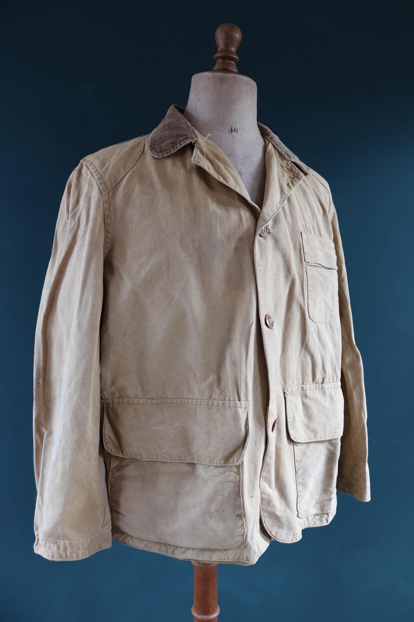 Vintage 1950s 1960s hunting jacket American Field Hettrick tan brown duck cotton canvas shooting American 49” chest workwear chore