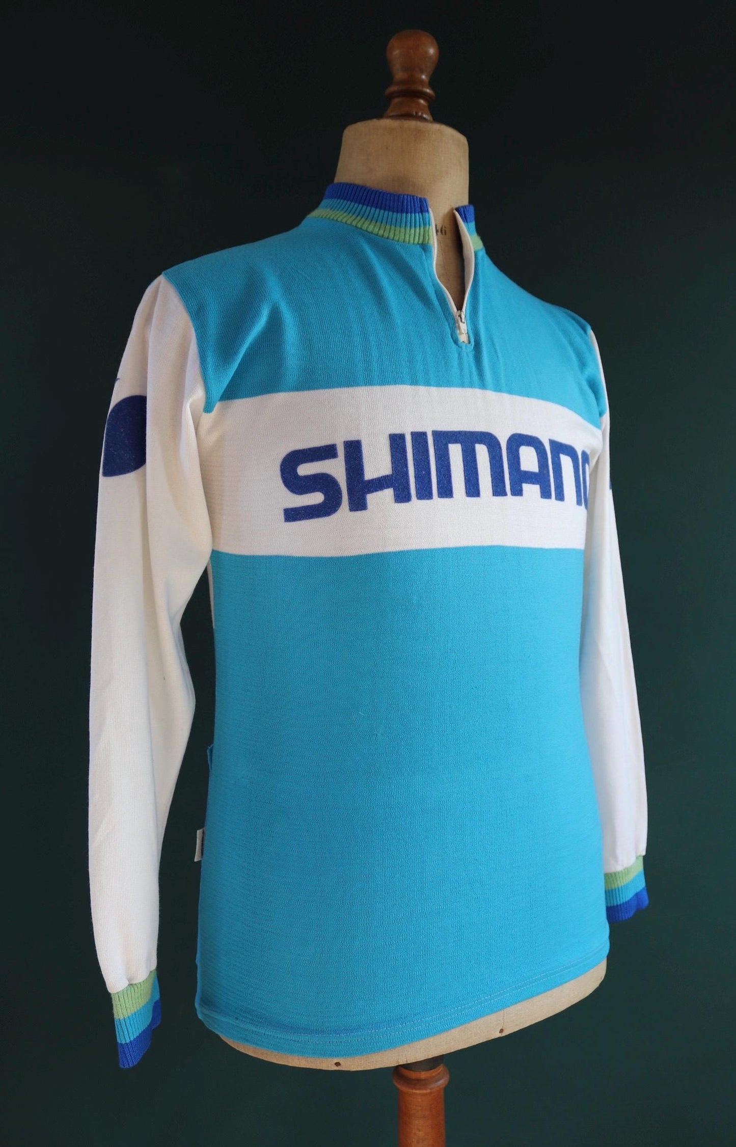 Vintage 1970s cycling jersey shirt top race Shimano blue 37" chest made in England quarter zip mod Tour de France