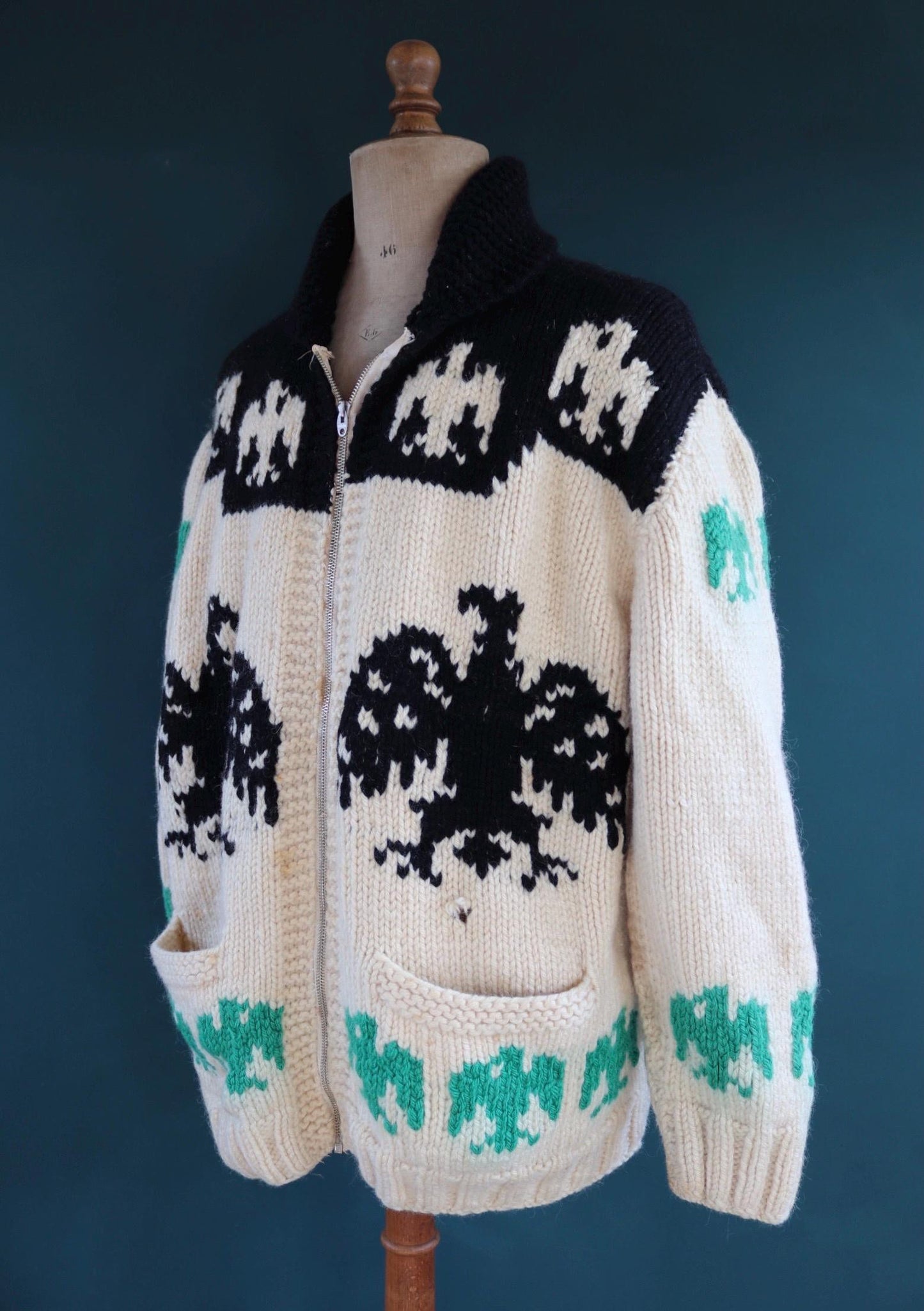 Vintage 1950 50s 1960s 60s chunky knitted wool cowichan sweater cardigan jumper novelty hand made knit thunderbird shawl collar 52” chest