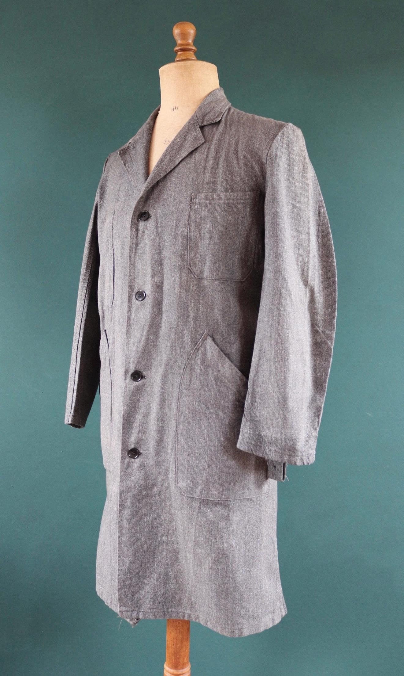Vintage French workwear jacket salt pepper grey long coat overall 1950s 1960s factory machinist 44” chest selvedge