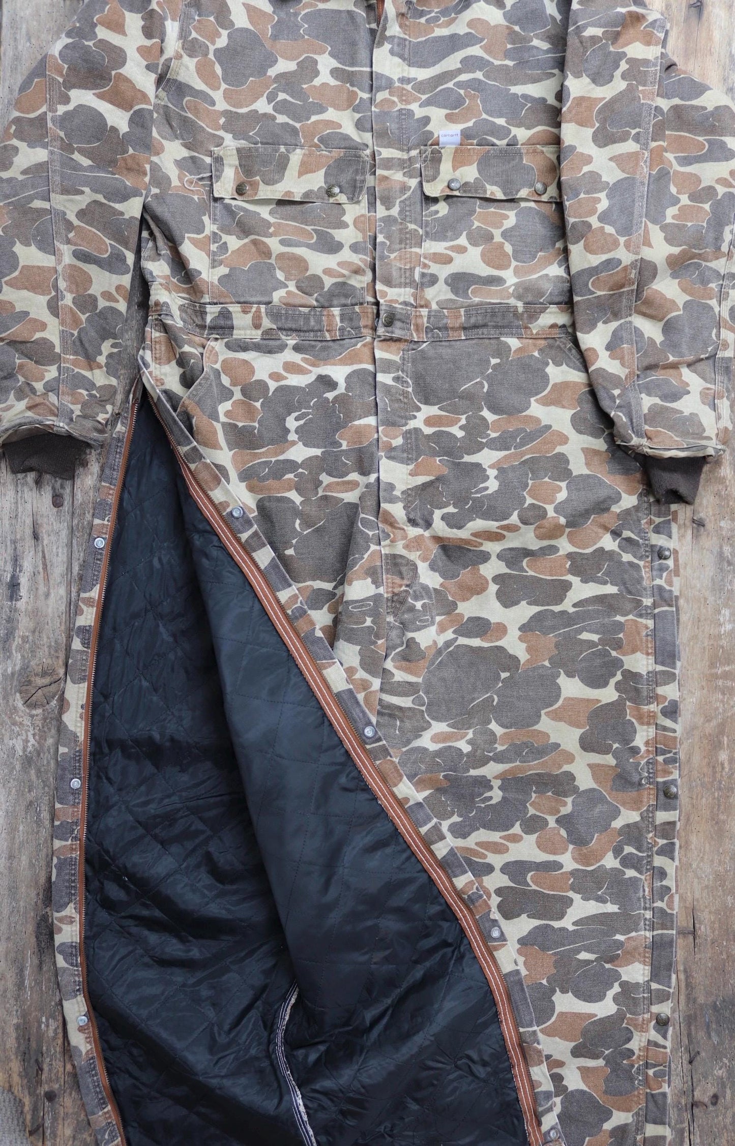 Vintage 1980s Carhartt coveralls - workwear overalls - woodland camo duck cotton - Union Made denim - 54" x 46" x 30