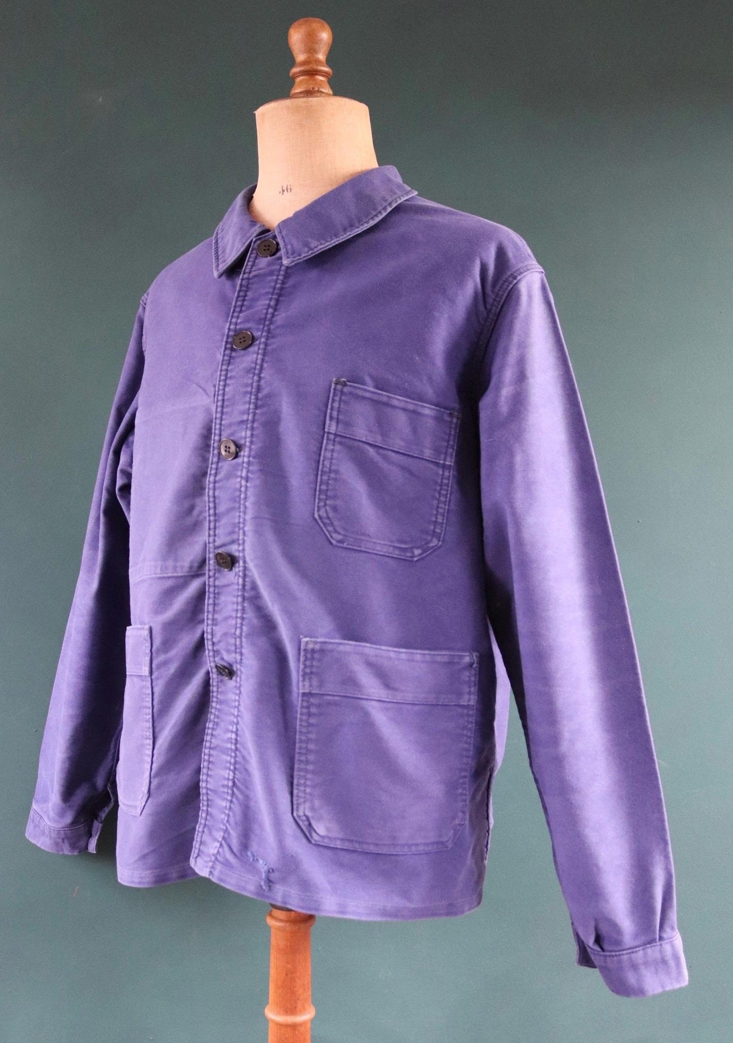 Vintage French workwear jacket blue moleskin 1960s 1970s Adolphe Lafont work chore faded 50” chest bleu de travail
