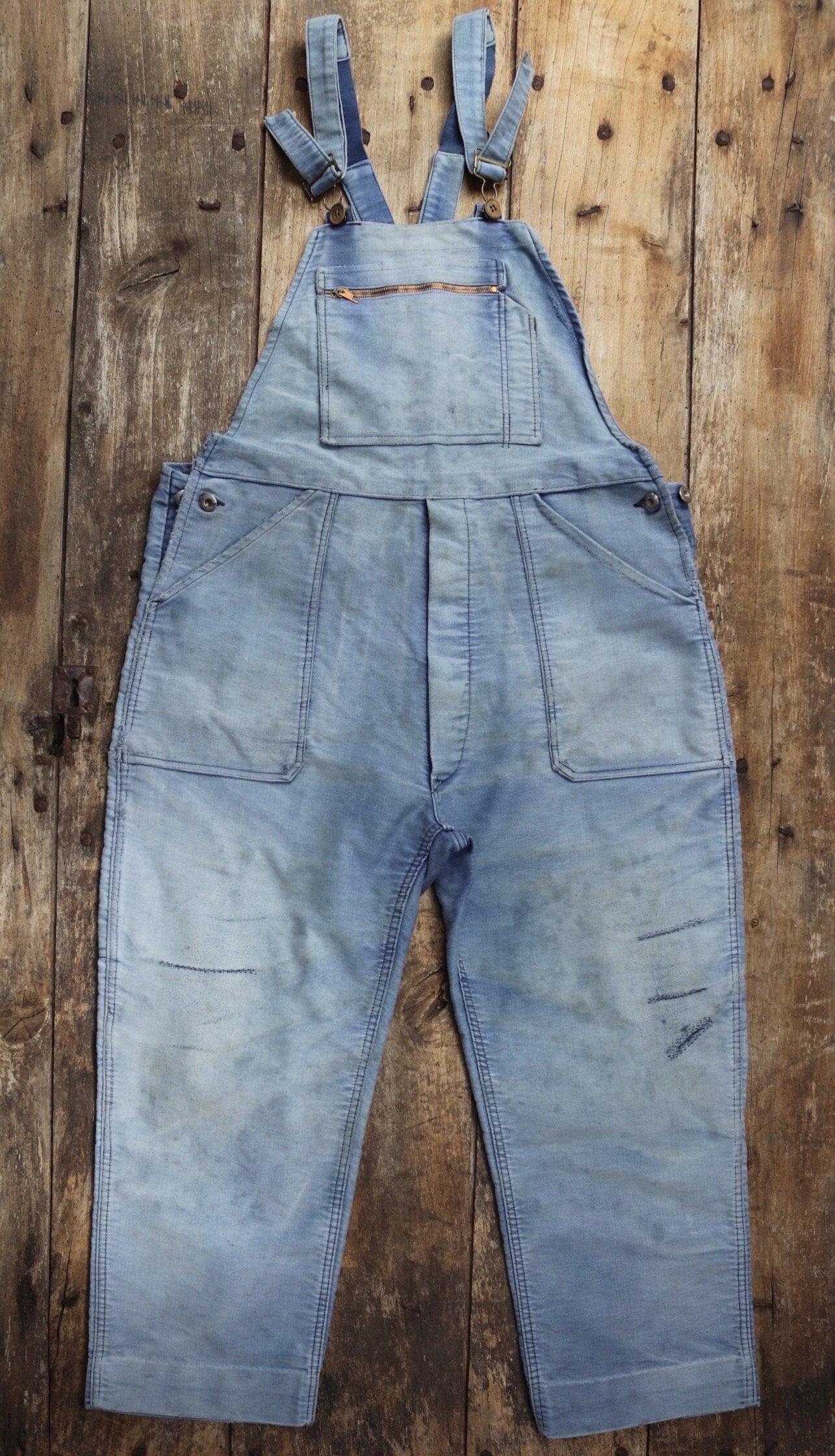 Vintage 1960s 1970s French dungarees blue moleskin overalls work chore workwear patched faded darned 40” 42” x 24”