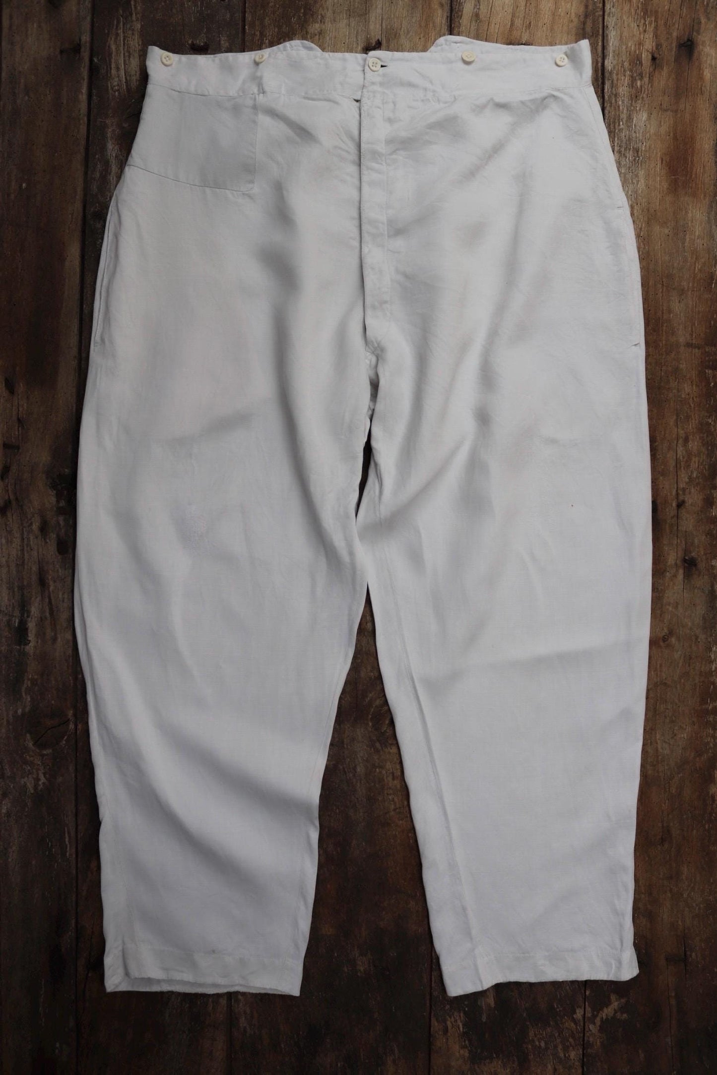 Vintage 1910s 1920s French trousers pants white cotton 41” x 31” riviera beach fishtail v notch cinch back balloon leg bone buttons