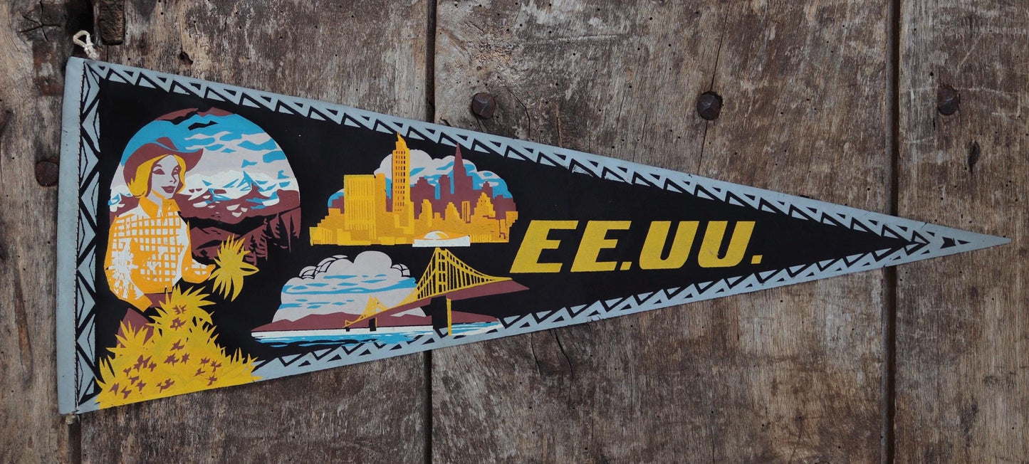 Vintage 1950s home decor Brazilian Santos satin mid century tourist souvenir pennant screen printed print
