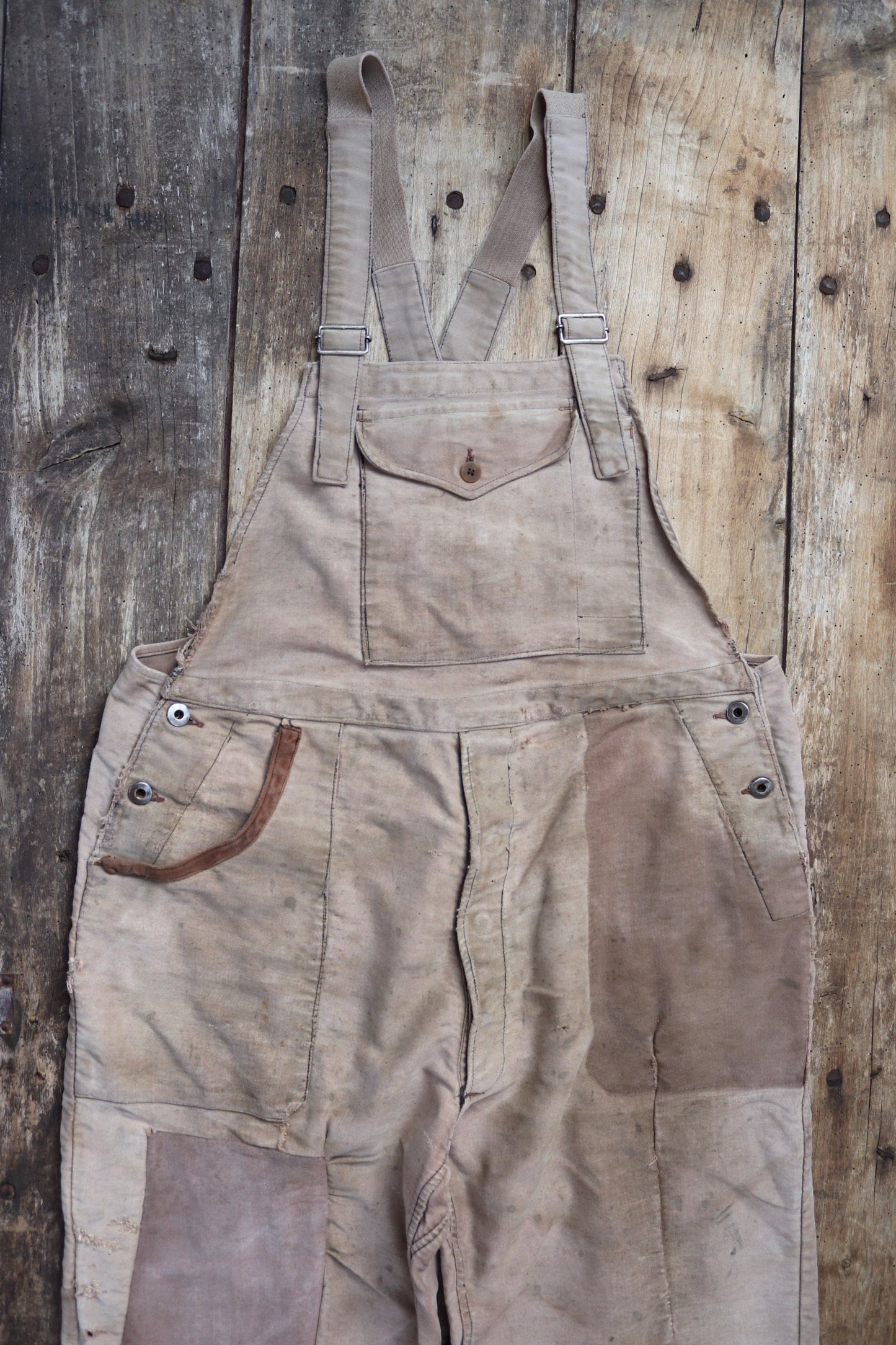 Vintage 1950s French workwear dungarees overalls Le Mont St Michel brown moleskin work chore patched repaired darned 40” 41” 42” x 28”