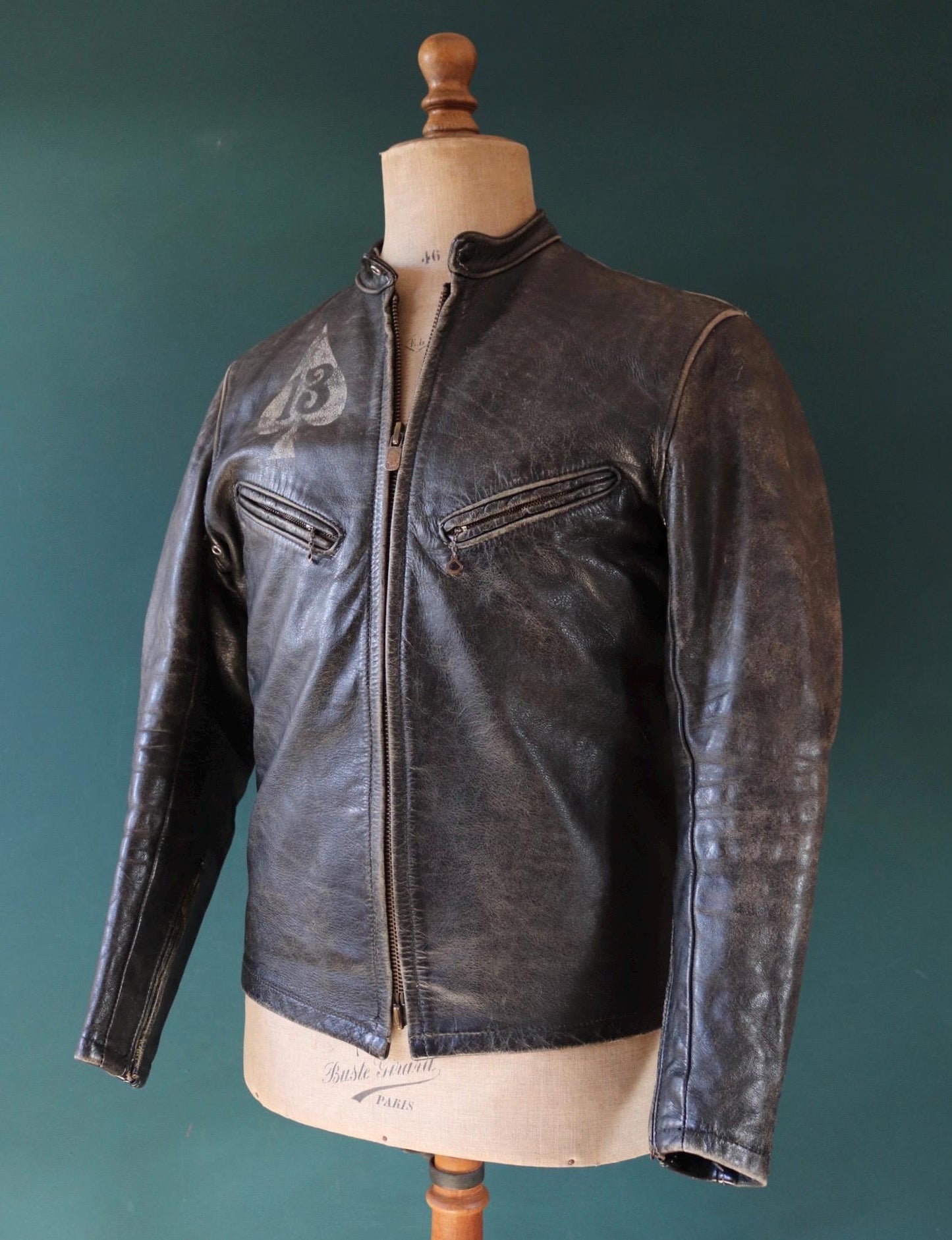 Vintage 1960s 60s leather jacket cafe racer Bates California black 40” chest motorcycle biker original hand painted lucky 13 ace Conmar