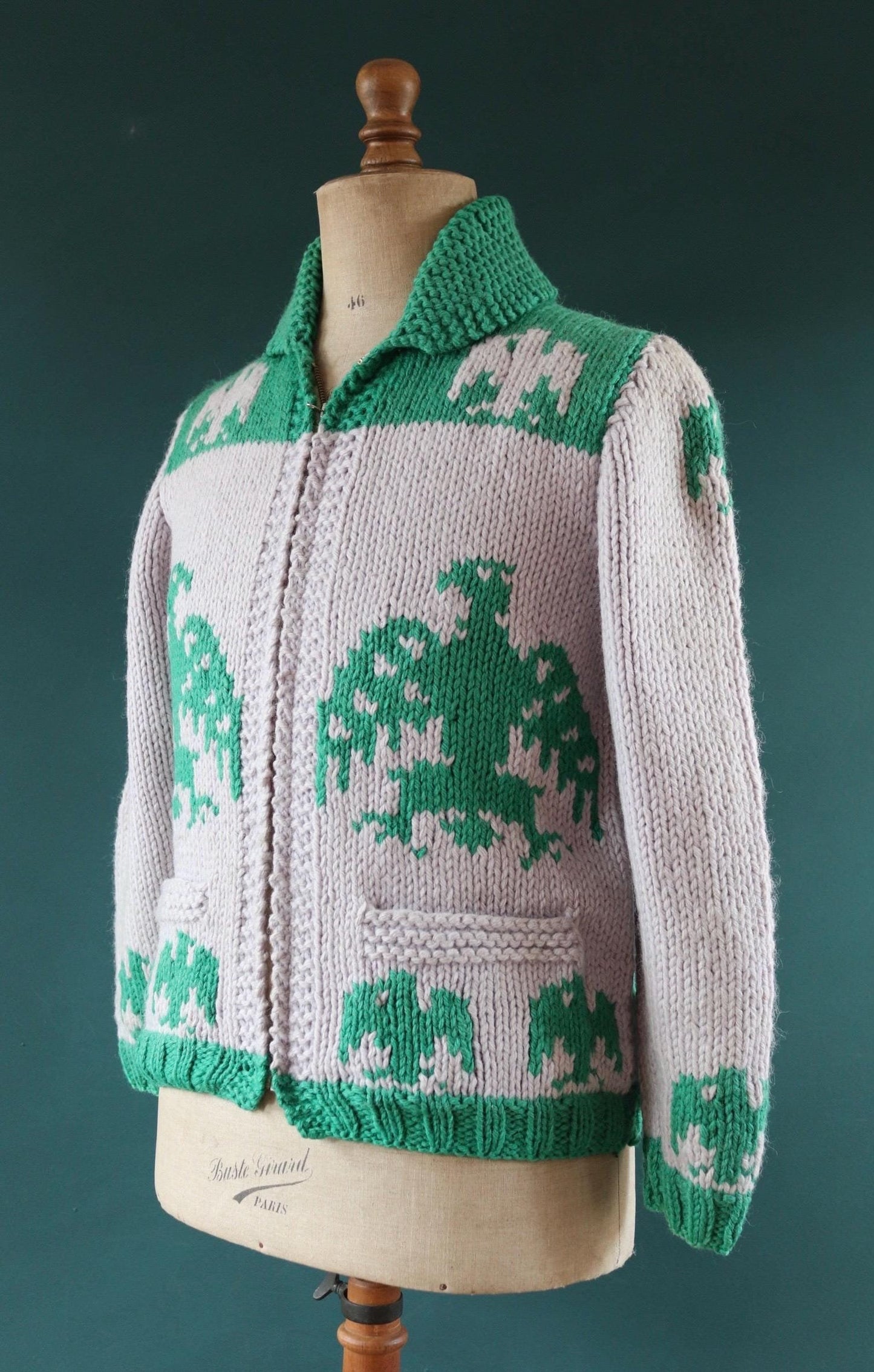 Vintage 1950 50s 1960s 60s chunky knitted wool cowichan sweater cardigan jumper novelty hand made knit thunderbird shawl collar 41” chest