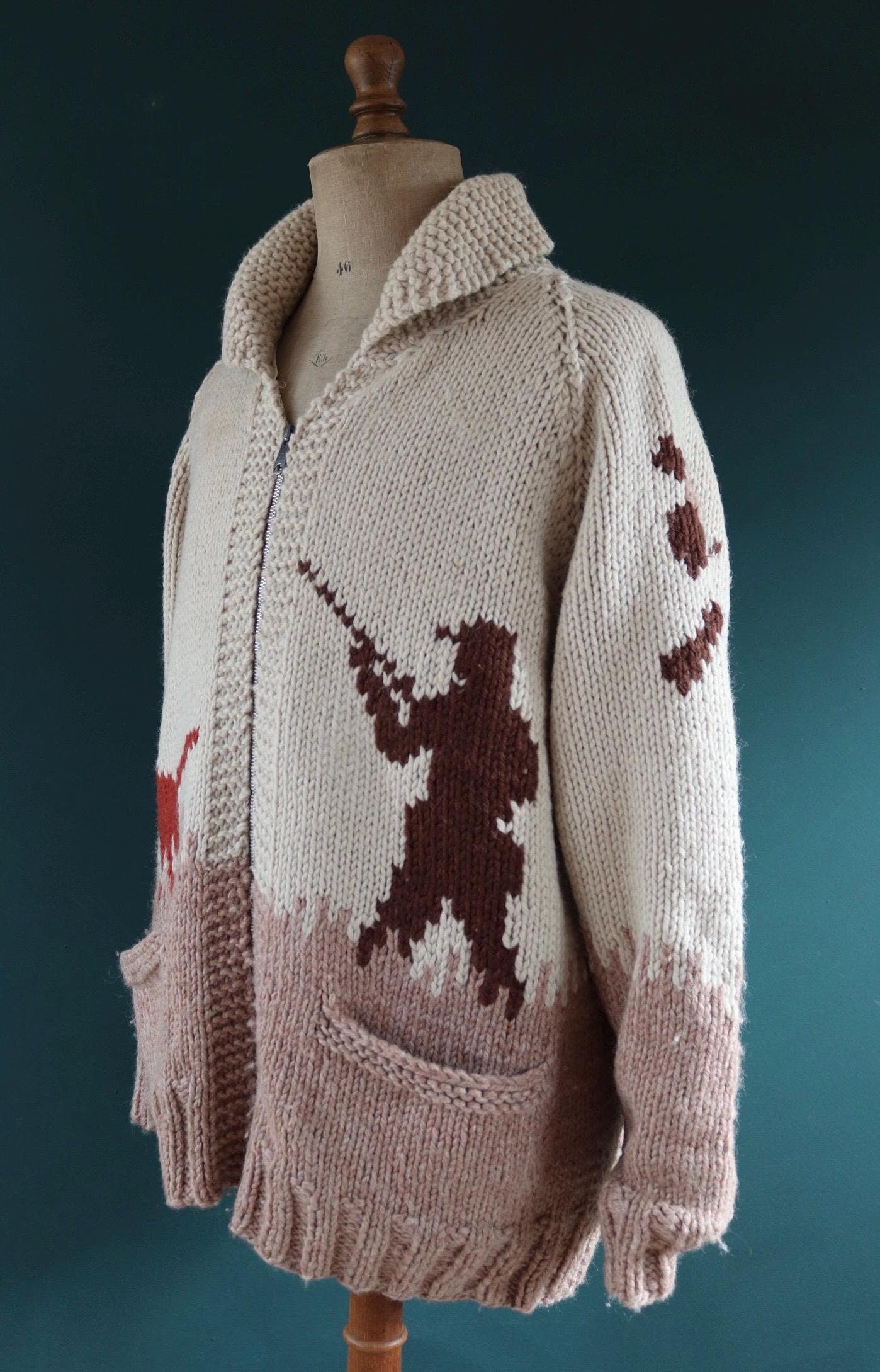 Vintage 1960s 60s hand knitted cream brown red thick wool cowichan sweater cardigan jumper knit zipper shawl collar 48” chest pheasant hunt