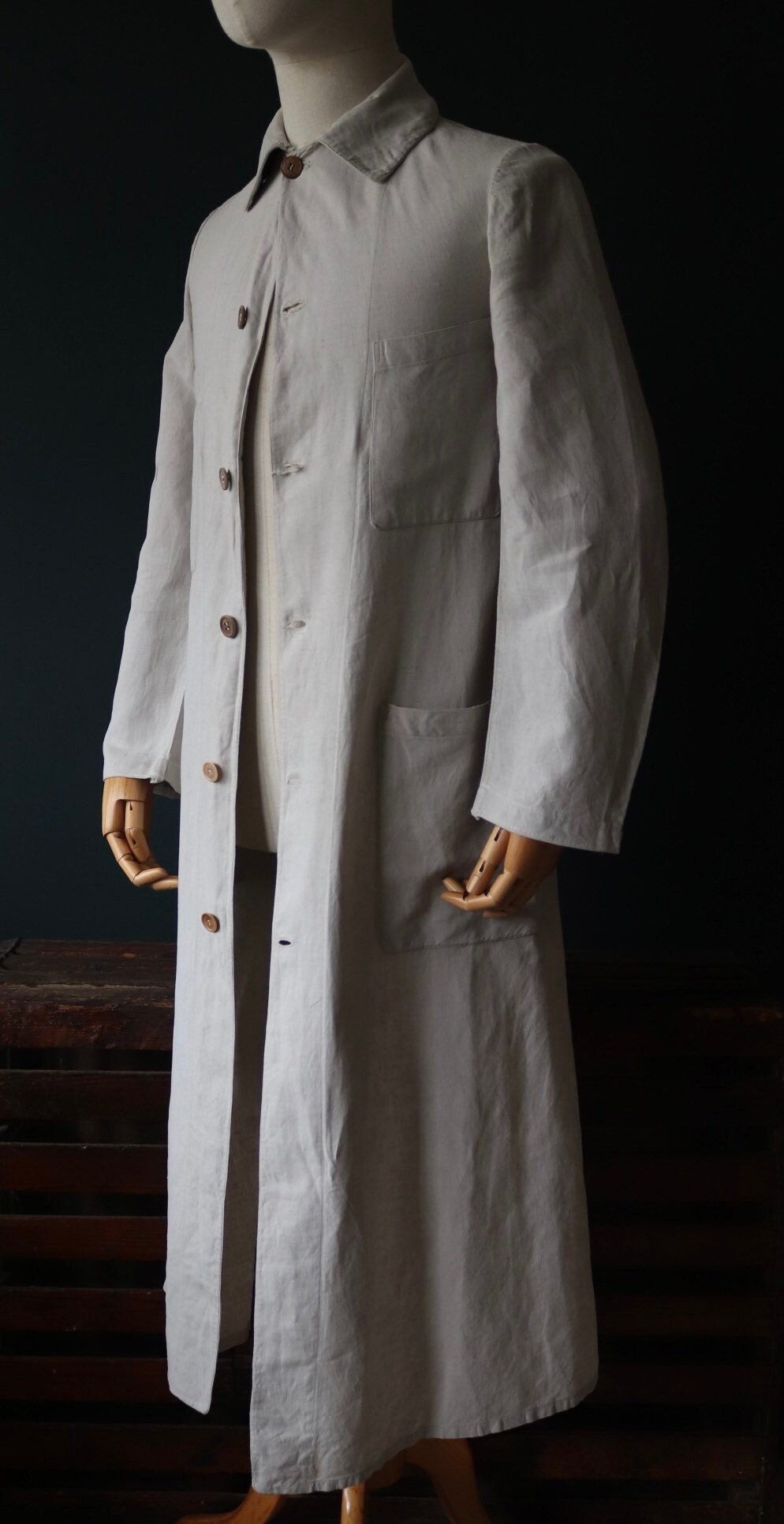 Vintage antique 1920s 1930s French workwear jacket overalls linen duster work chore coat 36” chest xs