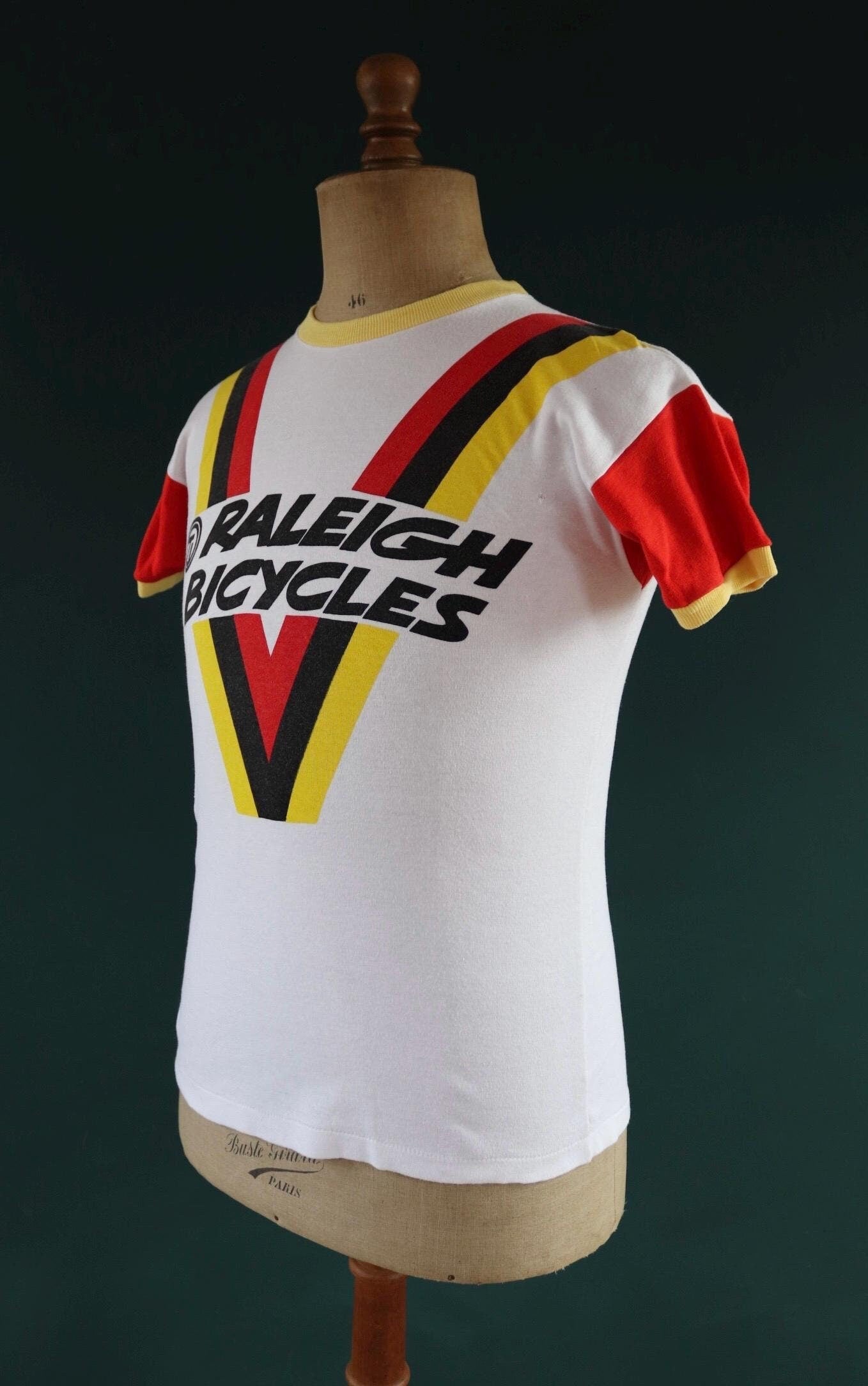 Vintage 1970s 70s red yellow black Raleigh Yeovil cycling centre t shirt top 36" chest made in England mod Tour de France