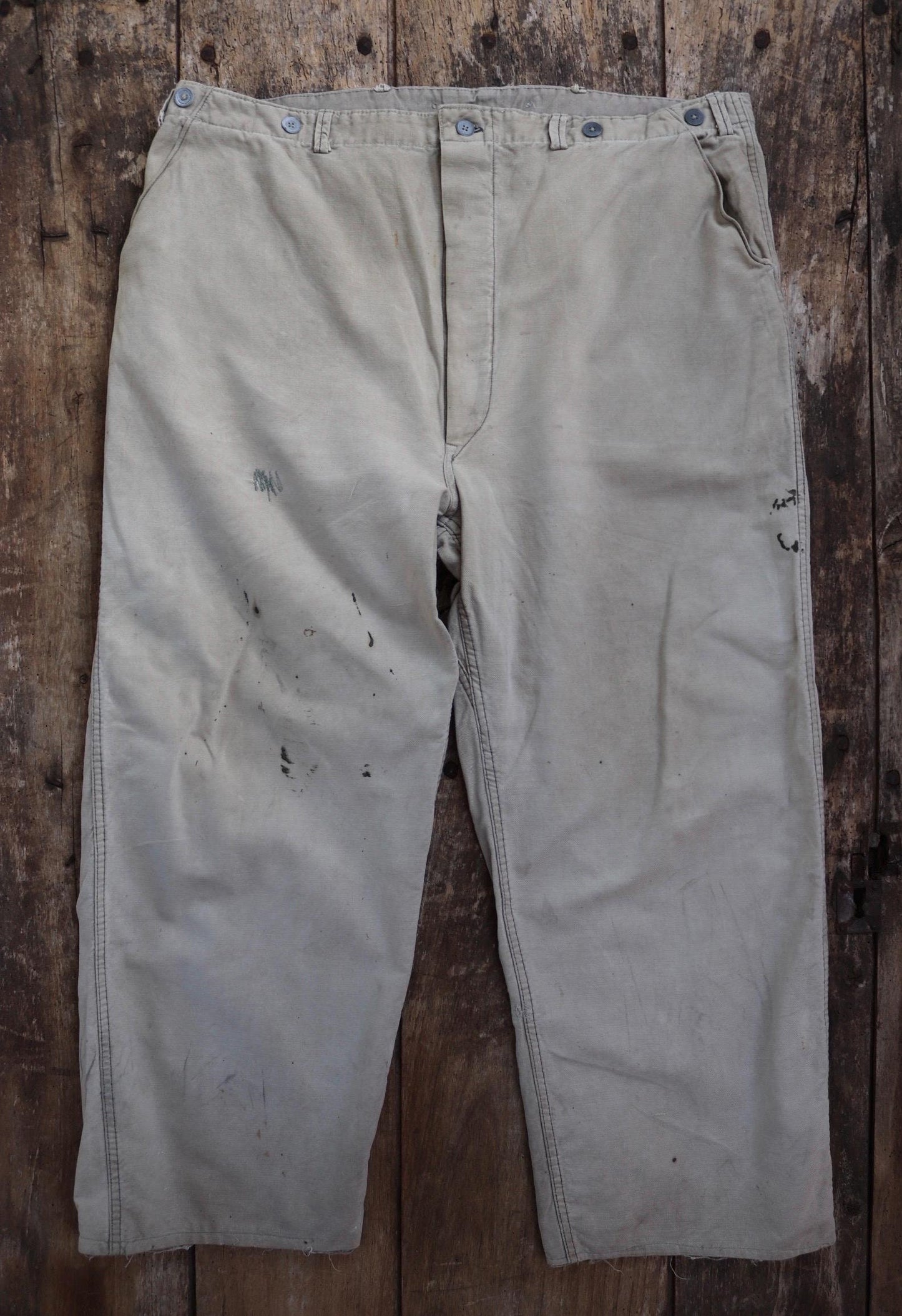 Vintage 1940s 40s 1950s 50s Swedish military cotton twill utility field trousers pants workwear work chore buckle cinch back 41” x 27”