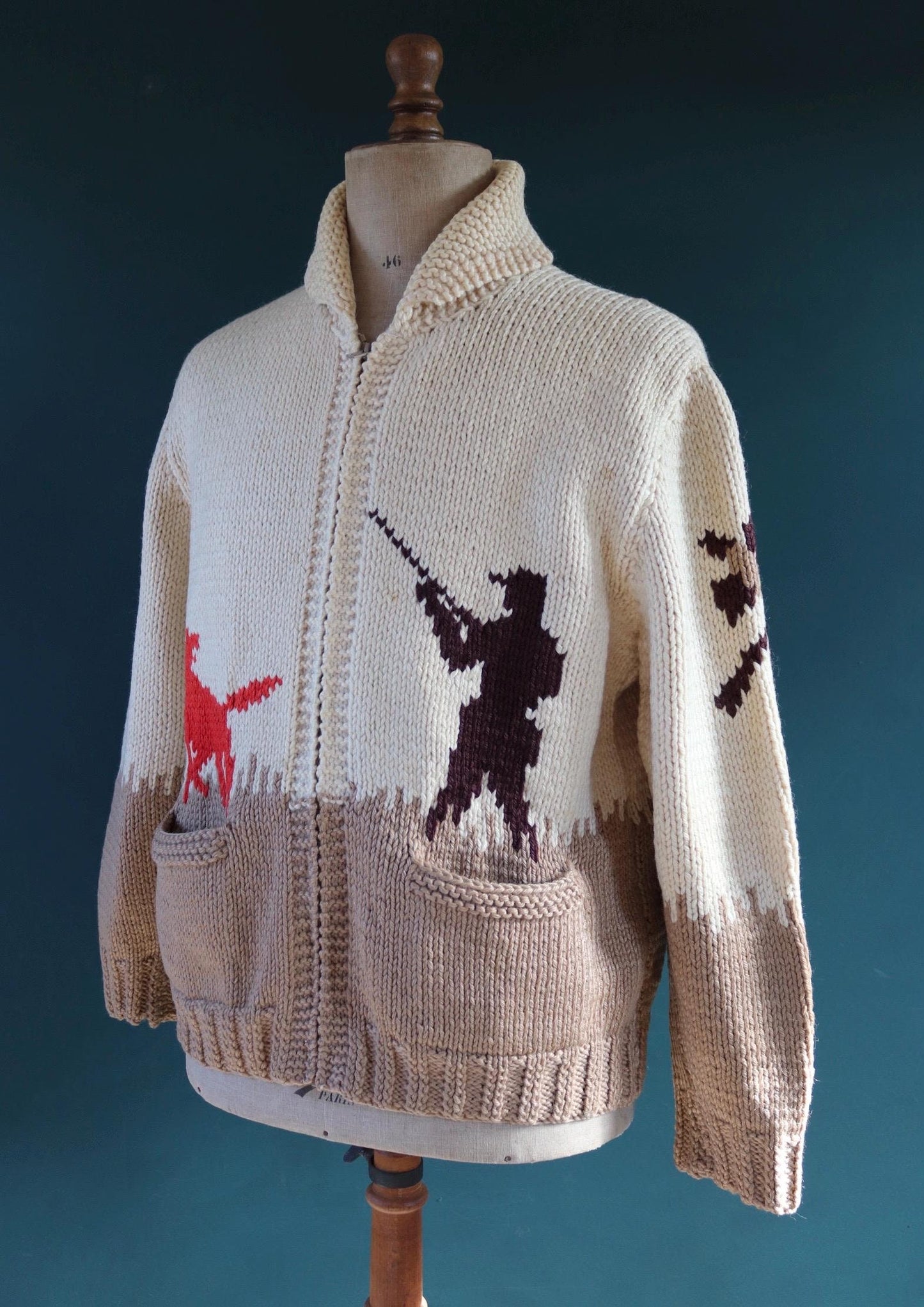 Vintage 1960s 60s hand knitted cream brown red thick wool cowichan sweater cardigan jumper knit zipper shawl collar 46” chest pheasant hunt