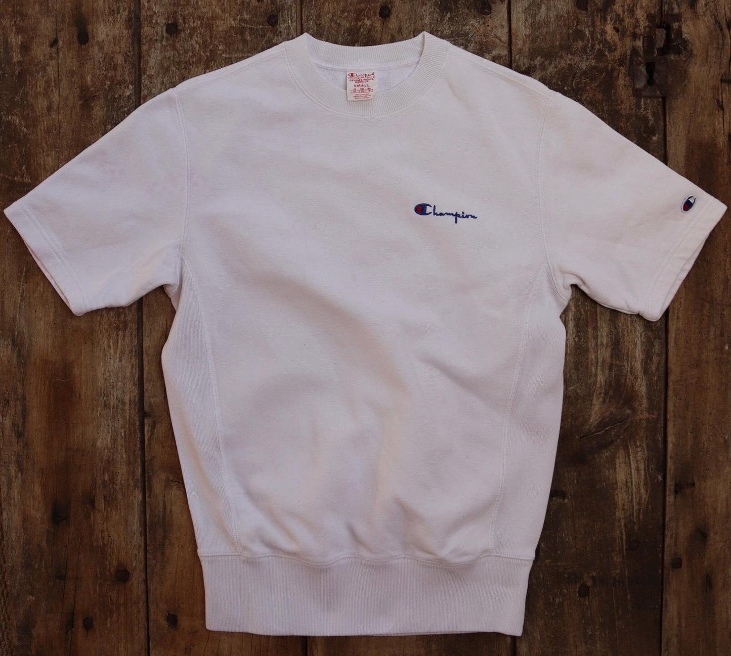 Vintage 1990s 90s Champion white plain short sleeve warm up sweatshirt 39" chest sports sportswear reverse weave
