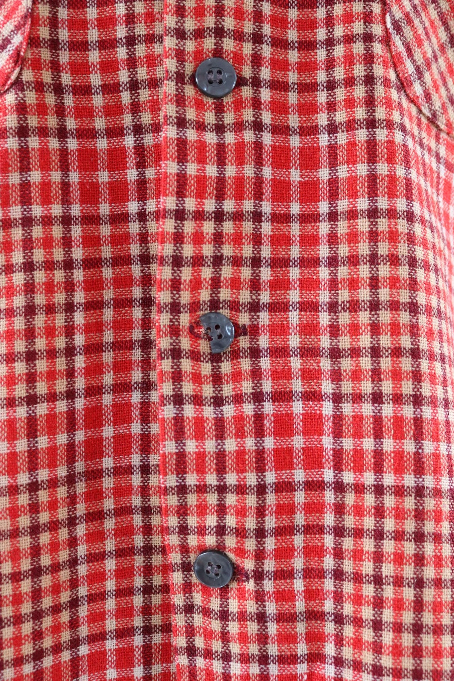 Vintage 1960s wool shirt red burgundy plaid 1970s 49” chest loop collar