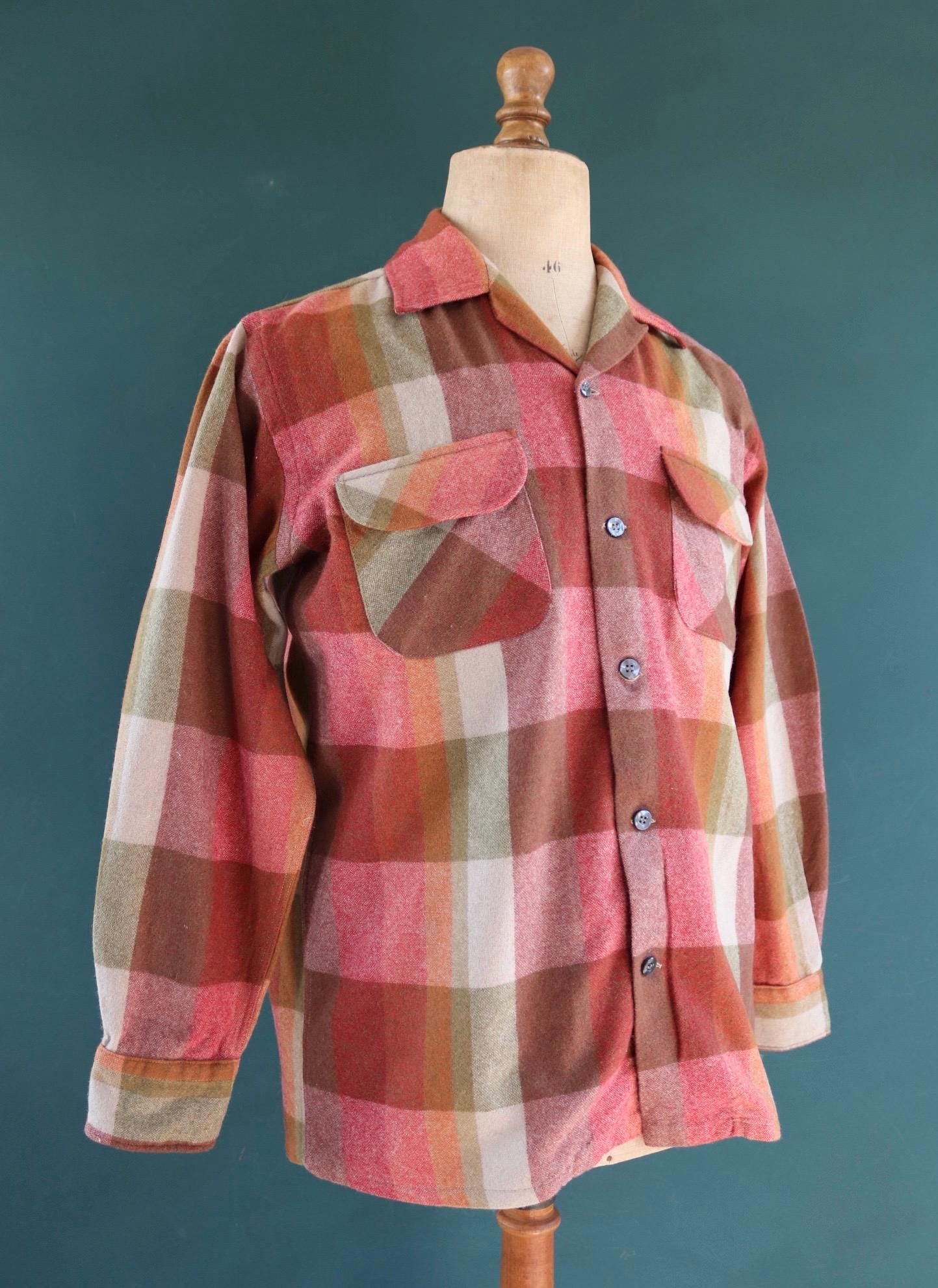 Vintage Penneys Towncraft wool shirt plaid 1960s 1970s pink green brown check 45” chest loop collar
