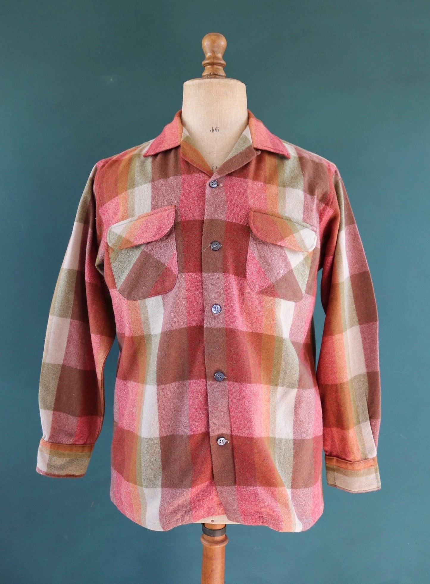Vintage Penneys Towncraft wool shirt plaid 1960s 1970s pink green brown check 45” chest loop collar