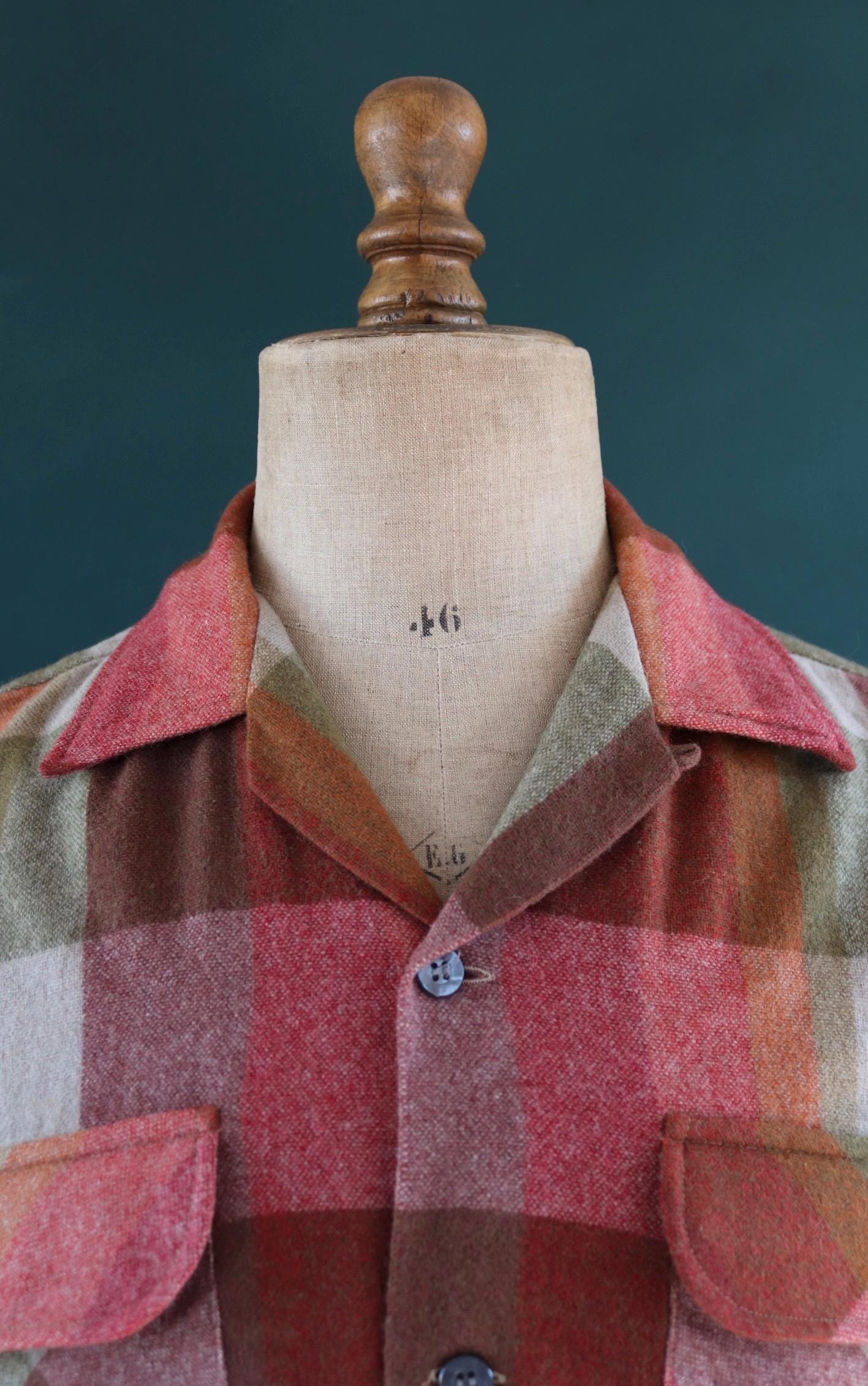 Vintage Penneys Towncraft wool shirt plaid 1960s 1970s pink green brown check 45” chest loop collar
