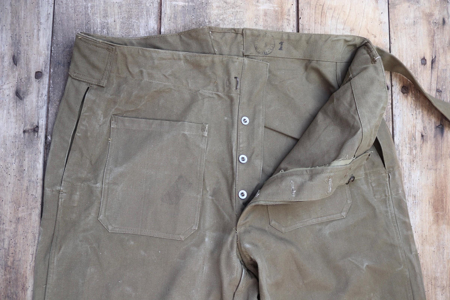 Vintage French military motorcycle trousers overalls pants khaki green cotton canvas dispatch rider 1950s army 40” x 29”