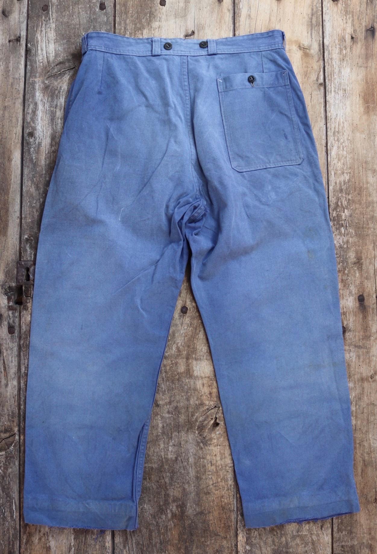 Vintage French workwear trousers pants indigo cotton twill 1960s work chore 32” x 26”