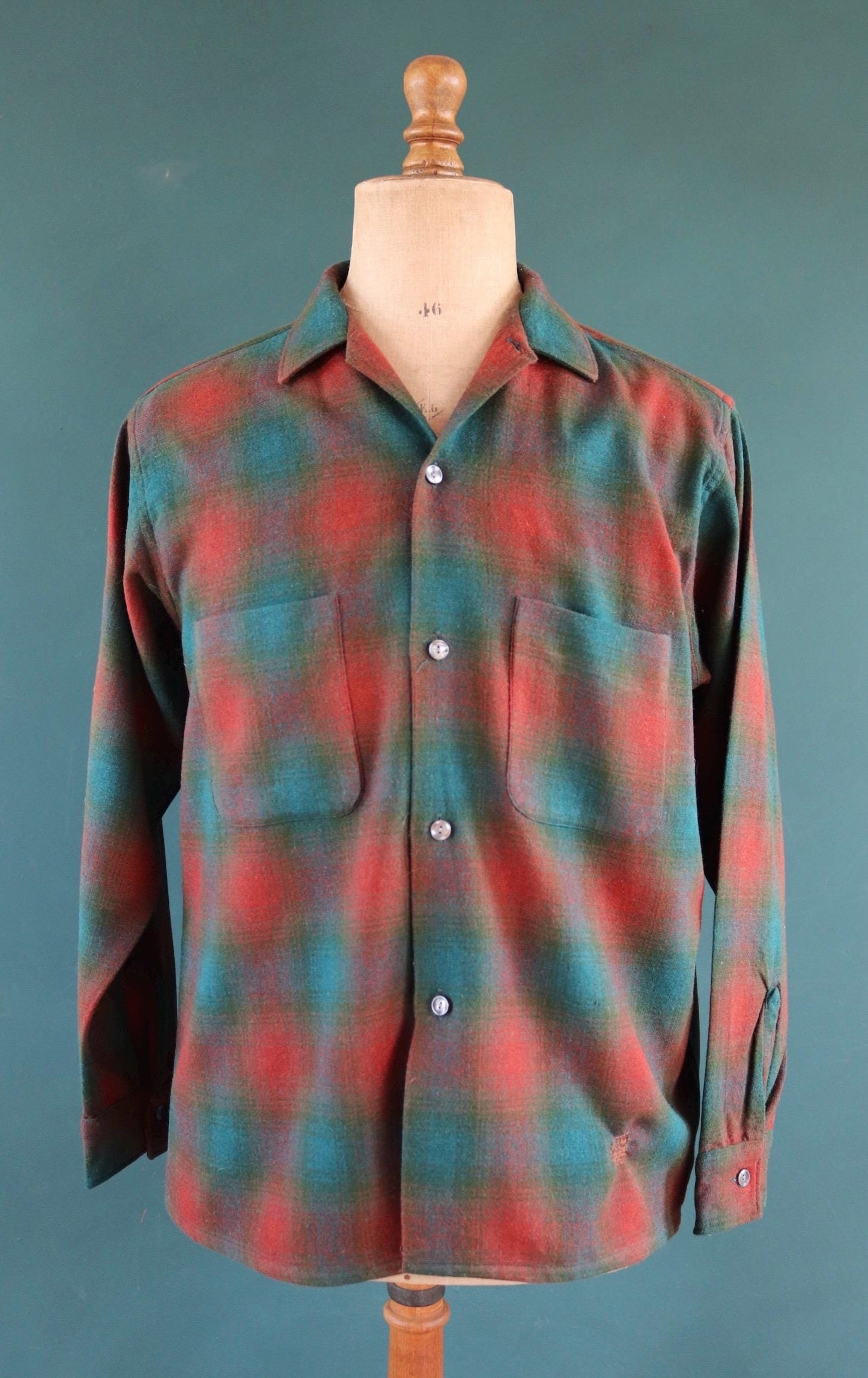 Vintage 1960s wool shadow plaid shirt brown green 46” chest loop collar