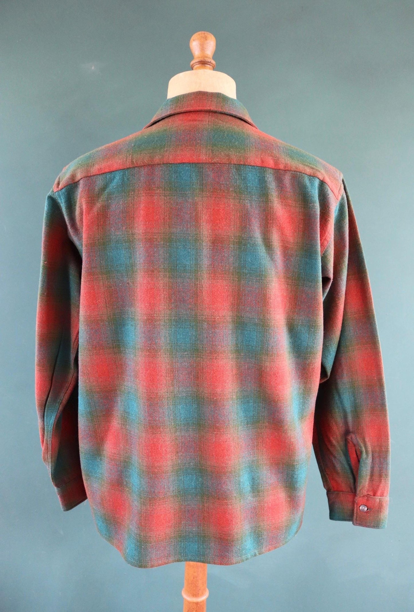 Vintage 1960s wool shadow plaid shirt brown green 46” chest loop collar