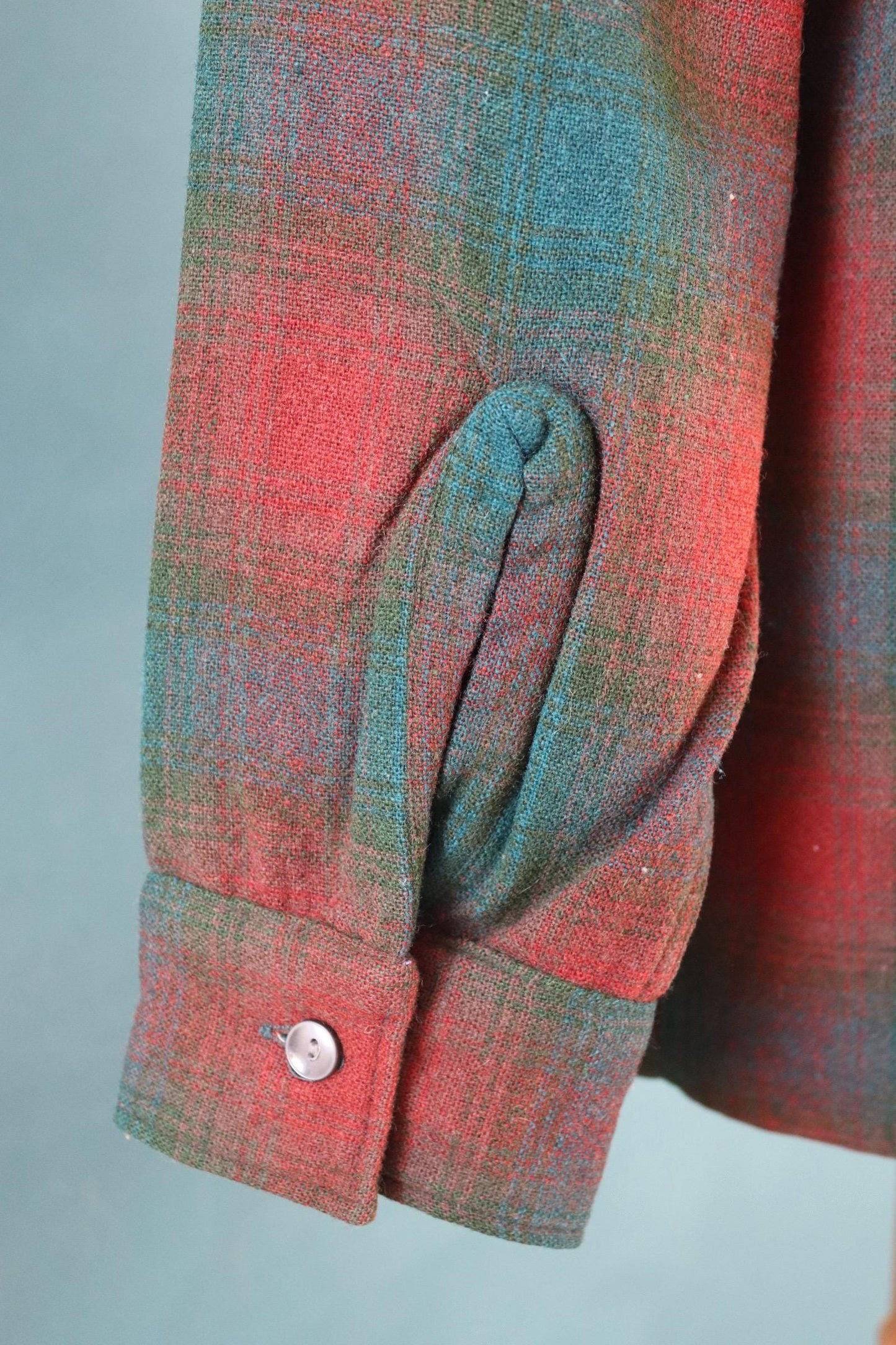 Vintage 1960s wool shadow plaid shirt brown green 46” chest loop collar