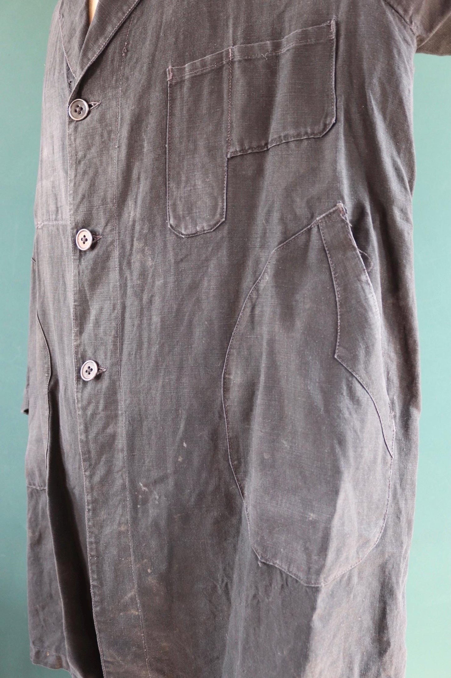 Vintage antique French indigo linen maquignon coat workwear duster work chore coat machinist 51” chest