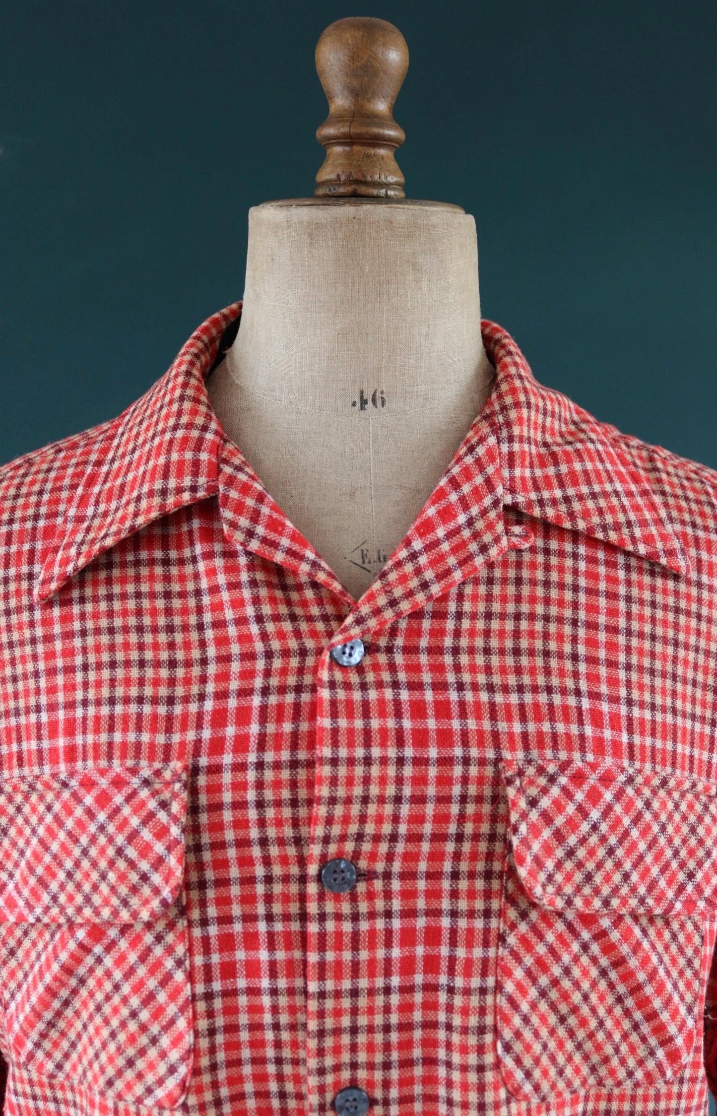 Vintage 1960s wool shirt red burgundy plaid 1970s 49” chest loop collar