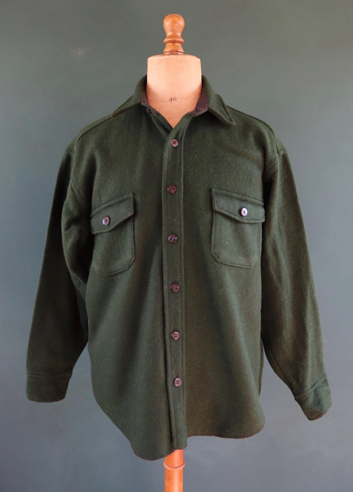Vintage green workwear shirt wool CPO shacket Melton 52" chest hunting work chore camping hiking