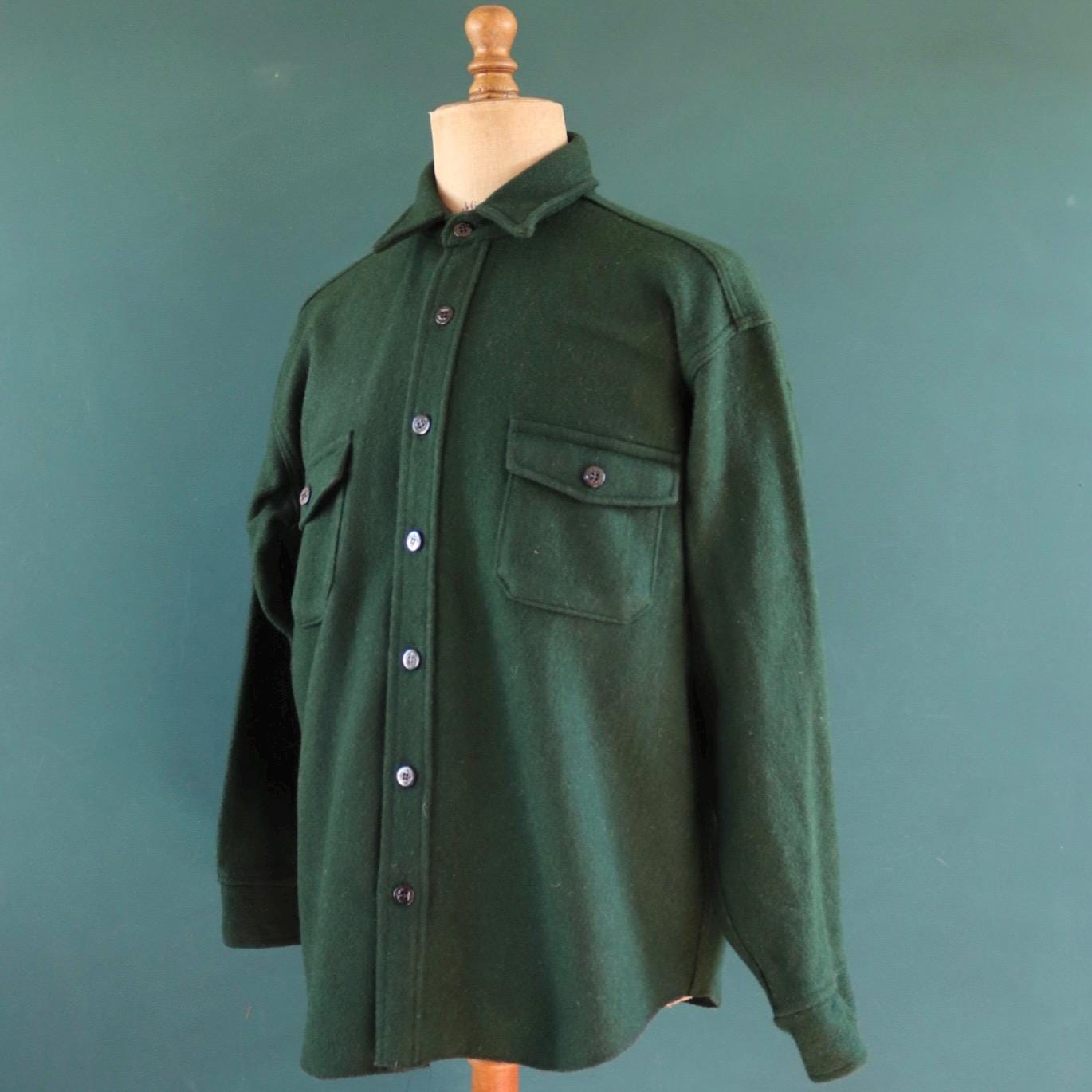 Vintage green workwear shirt wool CPO shacket Melton 52" chest hunting work chore camping hiking