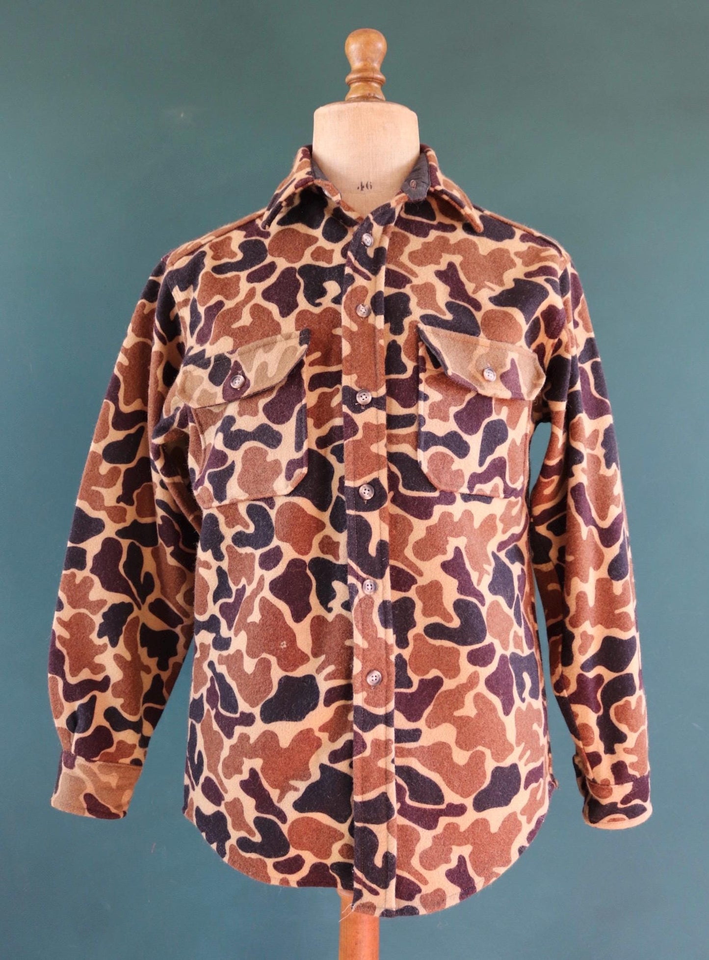 Vintage Woolrich shirt woodland camo workwear wool CPO shacket 43" chest hunting work chore camping hiking