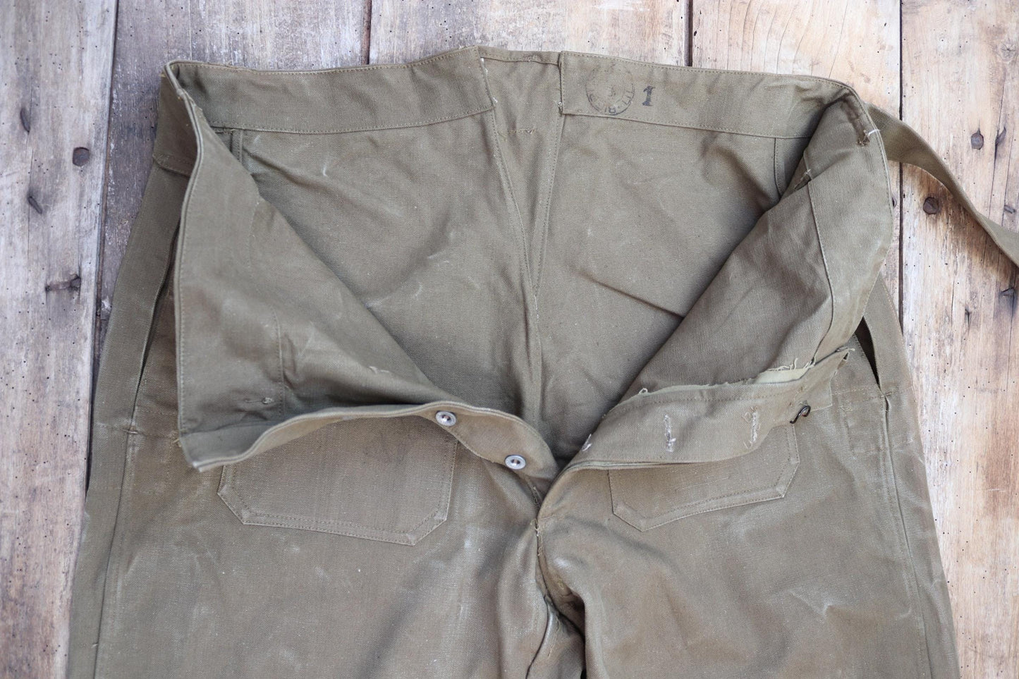 Vintage French military motorcycle trousers overalls pants khaki green cotton canvas dispatch rider 1950s army 40” x 29”
