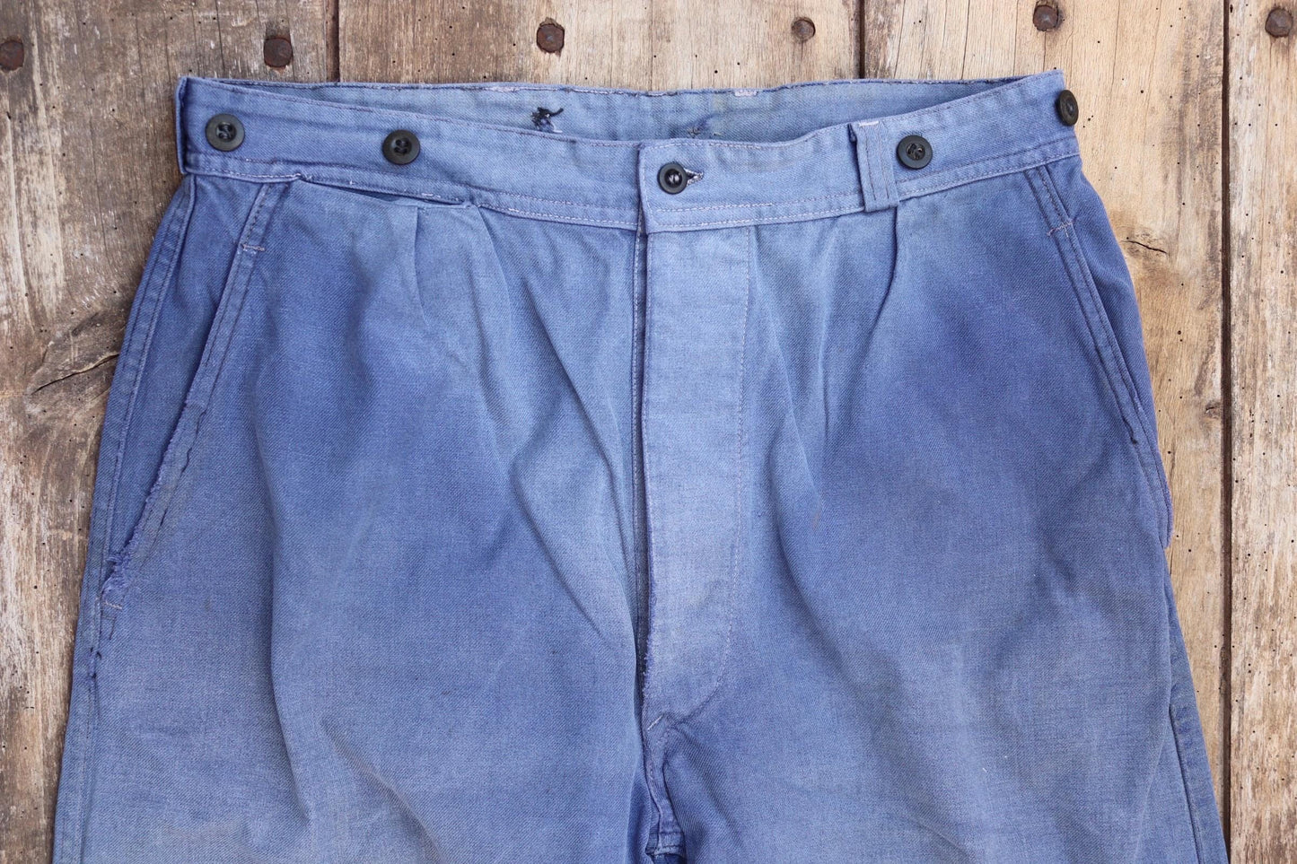 Vintage French workwear trousers pants indigo cotton twill 1960s work chore 32” x 26”
